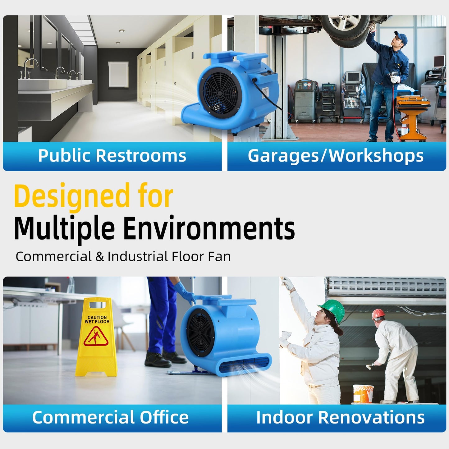 RYNSTO Commercial 1 HP Air Mover Fan for Water Damage Restoration,4000 CFM Industrial Carpet Dryer, Blower Fans,3-Speed Floor Fan with Daisy Chain