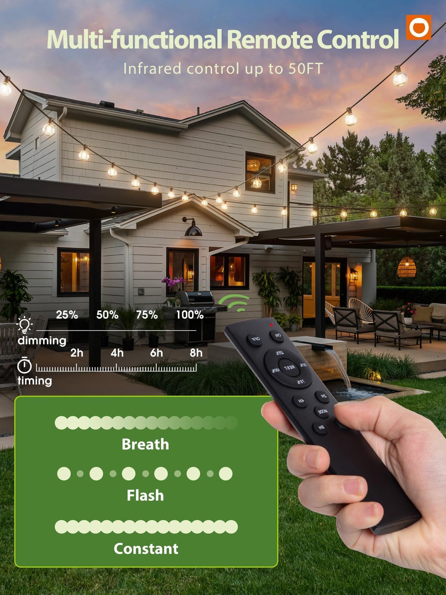 addlon 50FT Solar String Lights for Outside G50 Waterproof with USB Port Solar Patio Lights Outdoor Solar Powered LED Bulbs 3 Light Modes for Backyard