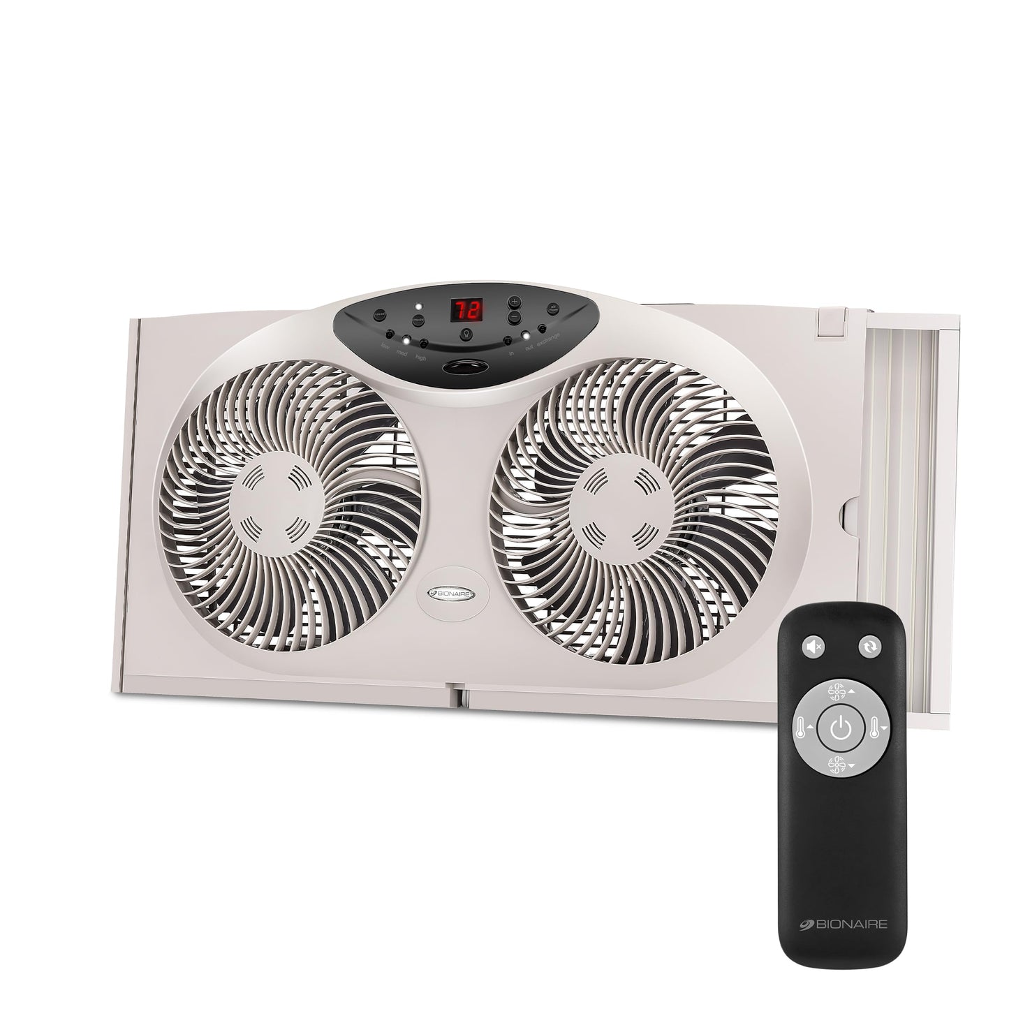 Bionaire Window Fan with Reversible Airflow Blades - 3-Speed Settings, Programmable Thermostat, LED Display, Remote Control, Fits 24-36" Windows, No