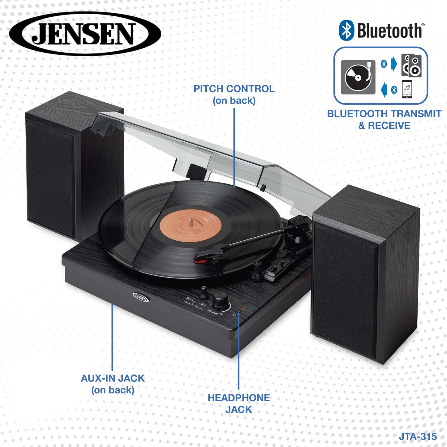 JENSEN JTA-315 Vinyl Record Player 3 Speed Turntable with Speakers and Dual Bluetooth Transmit/Receive, Black