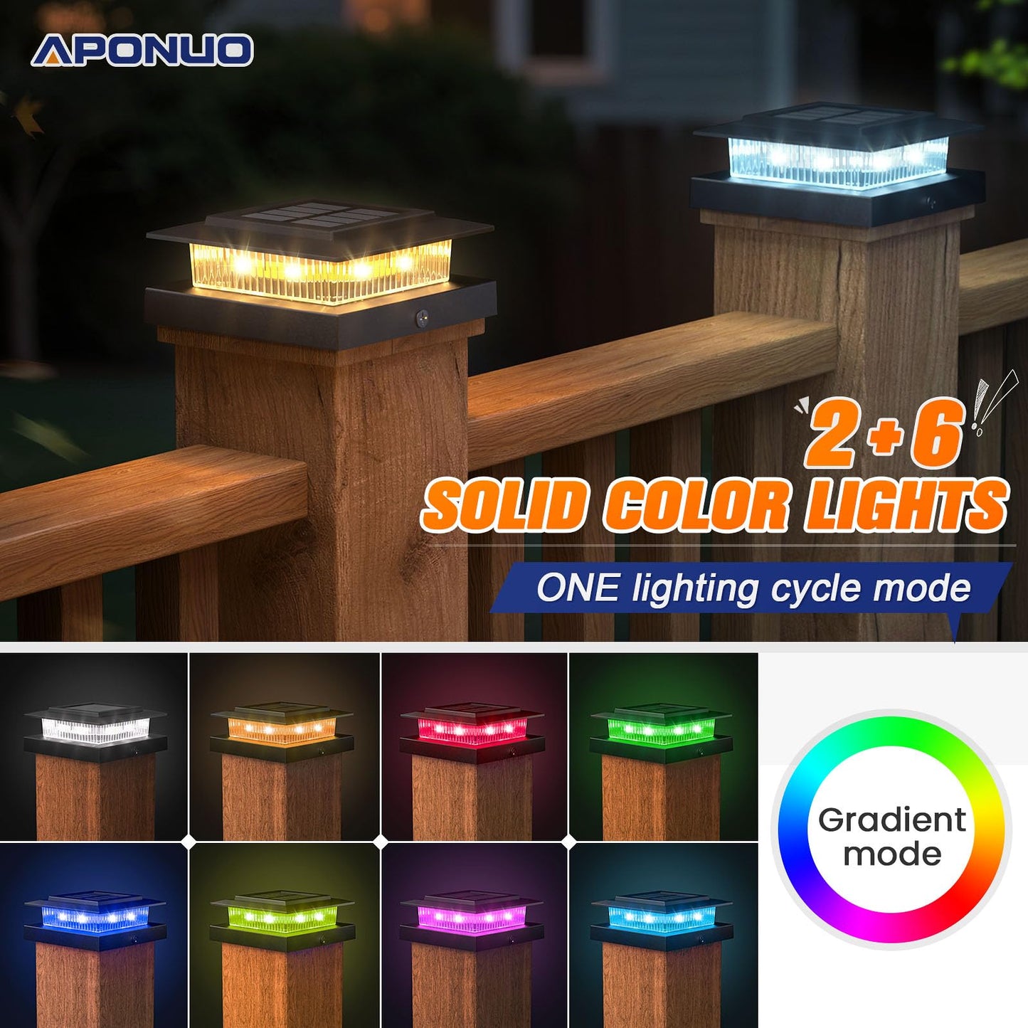 APONUO 6 Pack Solar Post Cap Lights Color Changing - 8 Solid Colors & Flowing Multicolor, IP65 Waterproof for 4x4 Wood/Vinyl Posts, Auto On/Off Deck