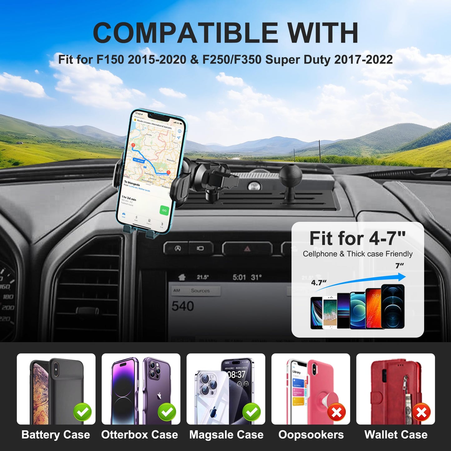 Surfcabin Dash Mount Phone Holder Compatible with 2015-2020 F150 2017-2022 F250 F350 Metal Cellphone Mounting Bracket Stand for Most CellPhones