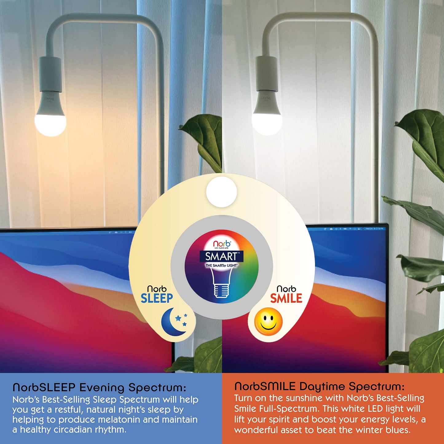 NorbSMART - Circadian Rhythm Supporting Tunable LED w/NorbSMILE, Sleep, Relief, Cozy, and Custom Colors in One Bulb. WiFi Enabled App
