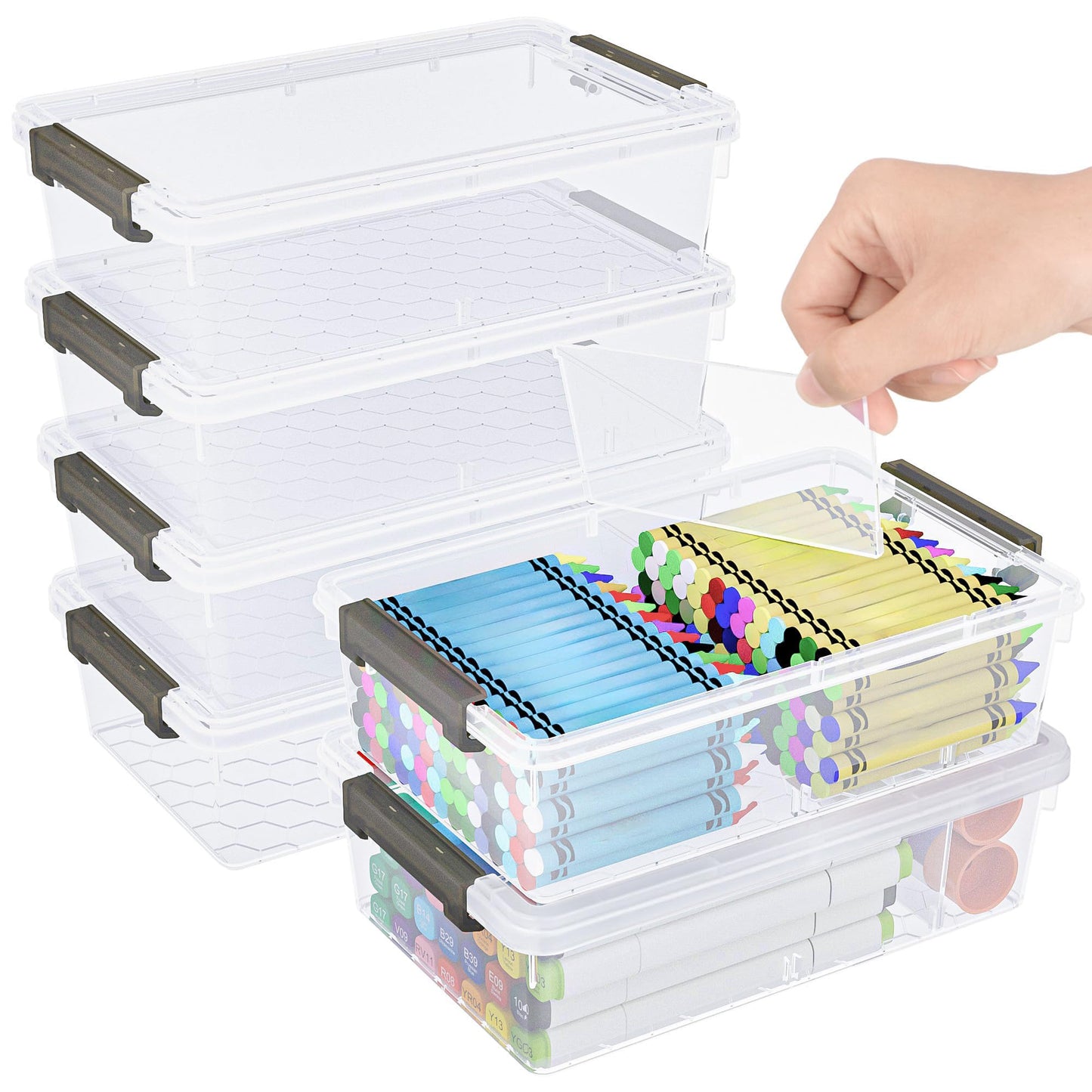 GEOPHIA 6 Pack Extra Large Pencil Box with Removable Divider, Thickened Pencil Case Bulk, Clear Crayon Marker Organizer Stackable Plastic Small