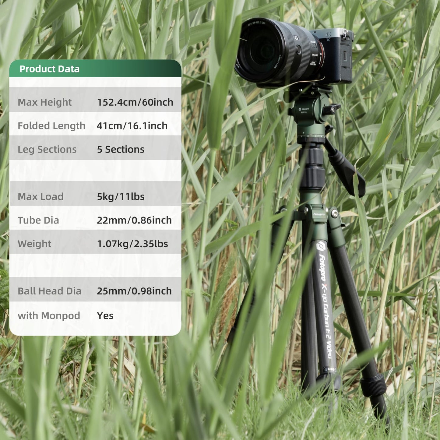 Fotopro 59" Carbon Fiber Travel Tripod, Compact Video Tripods with Fluid Head, Detachable Monopod with Arca-Swiss Quick Release Plate and Bag, Camera