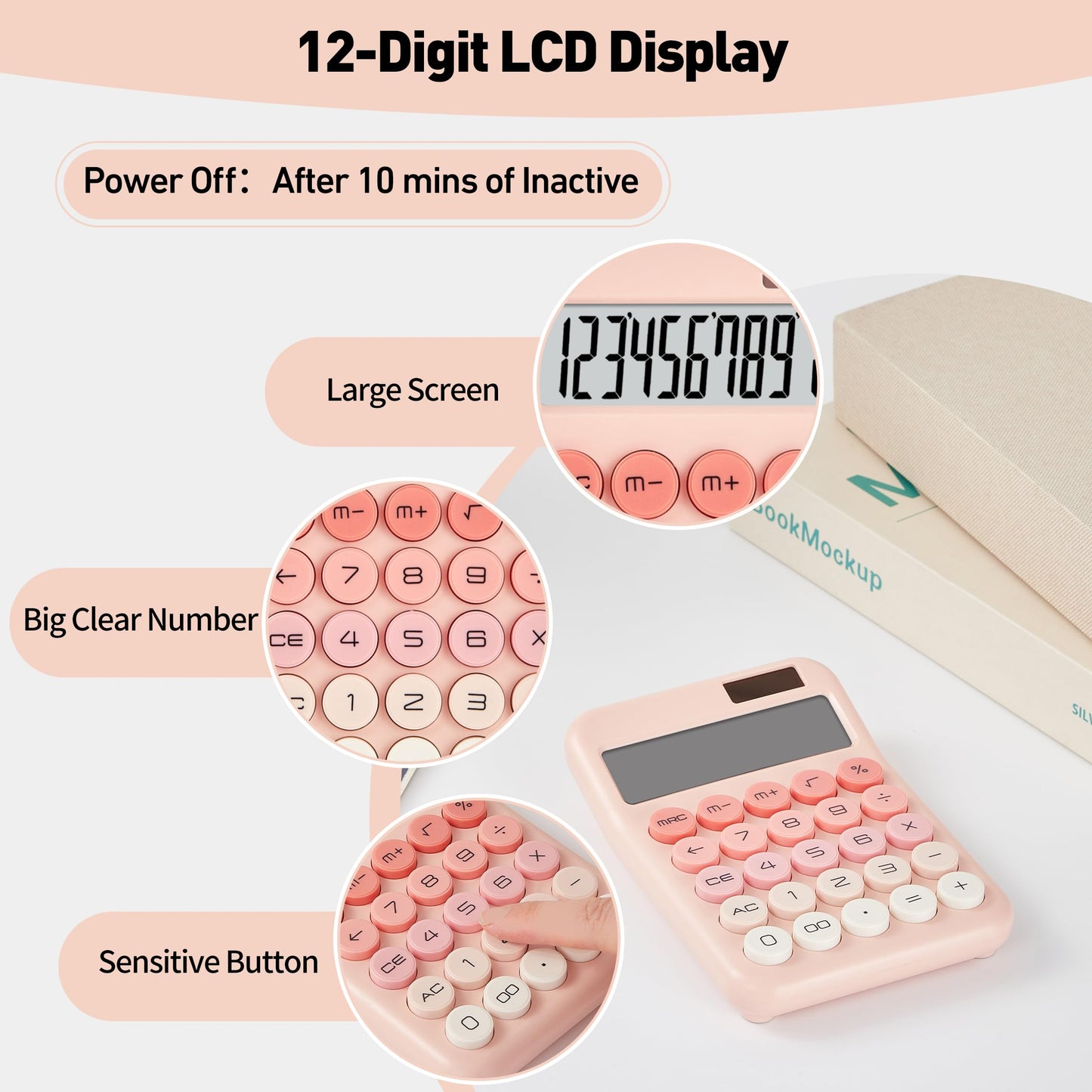 KANBIT Small Desktop Calculator with LCD Large Display and Sensitive Button, Dual Solar and Battery Powered with Automatic Sleep Basic Cute