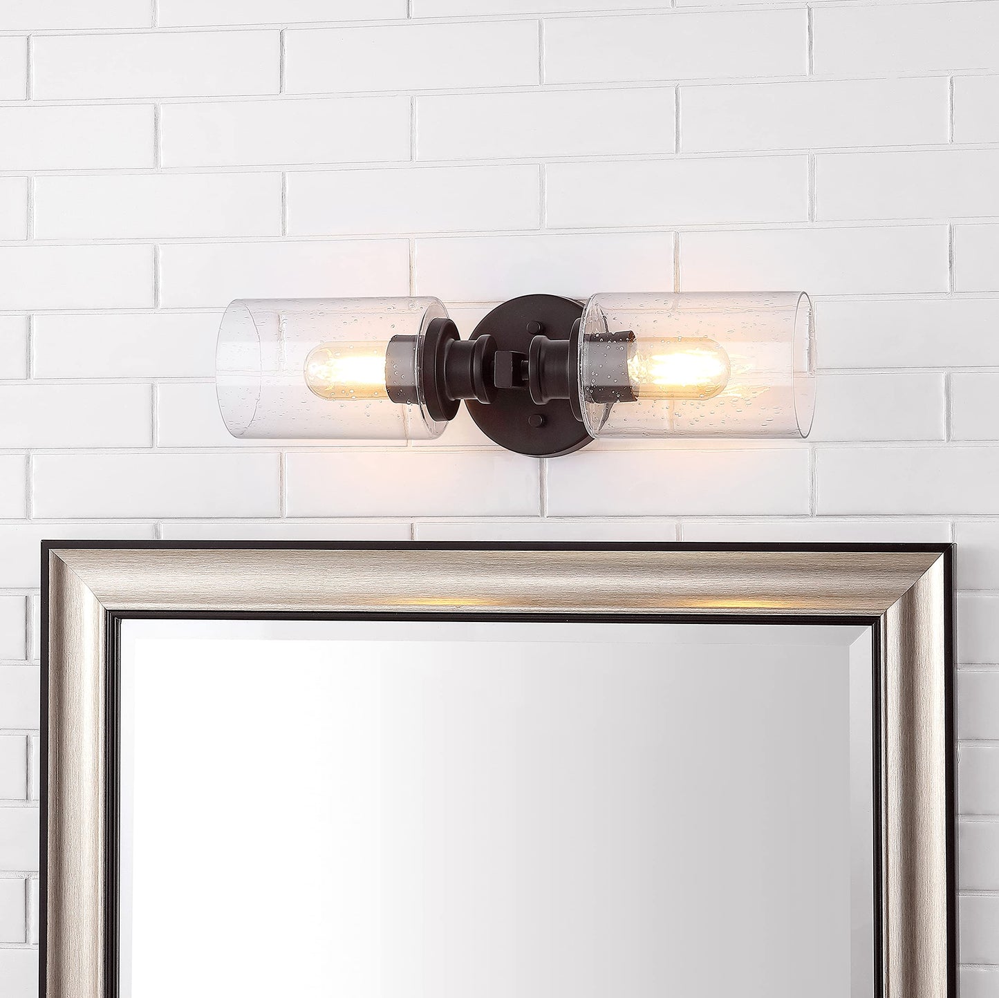 JONATHAN Y 16.5" Oil Rubbed Bronze 2-Light LED Wall Sconce, Modern Farmhouse Vanity Light with Seeded Glass Shade, Industrial Iron Fixture