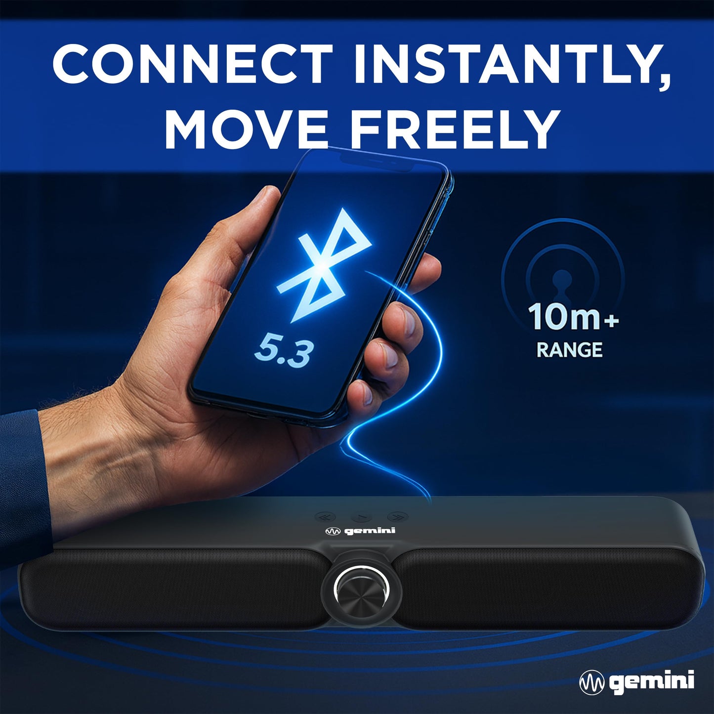 Gemini Portable Battery-Powered Bluetooth Soundbar with Built-in FM Radio, USB & microSD - Wireless Speaker for Gaming, Desk, TV & Bedroom (GSBR-20)