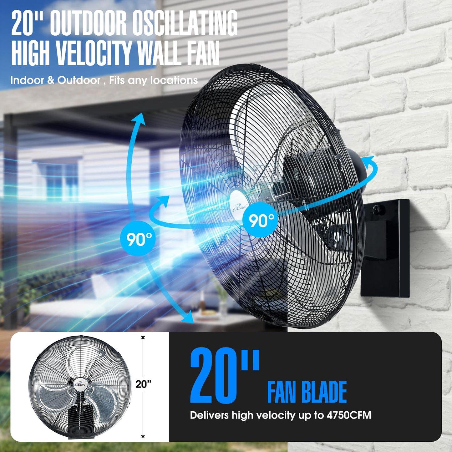 iLiving 20" Outdoor Oscillating High Velocity Wall Fan with 4750 CFM Heavy Duty Weatherproof Motor, Variable Speed Adjustment for Workshop, Garage