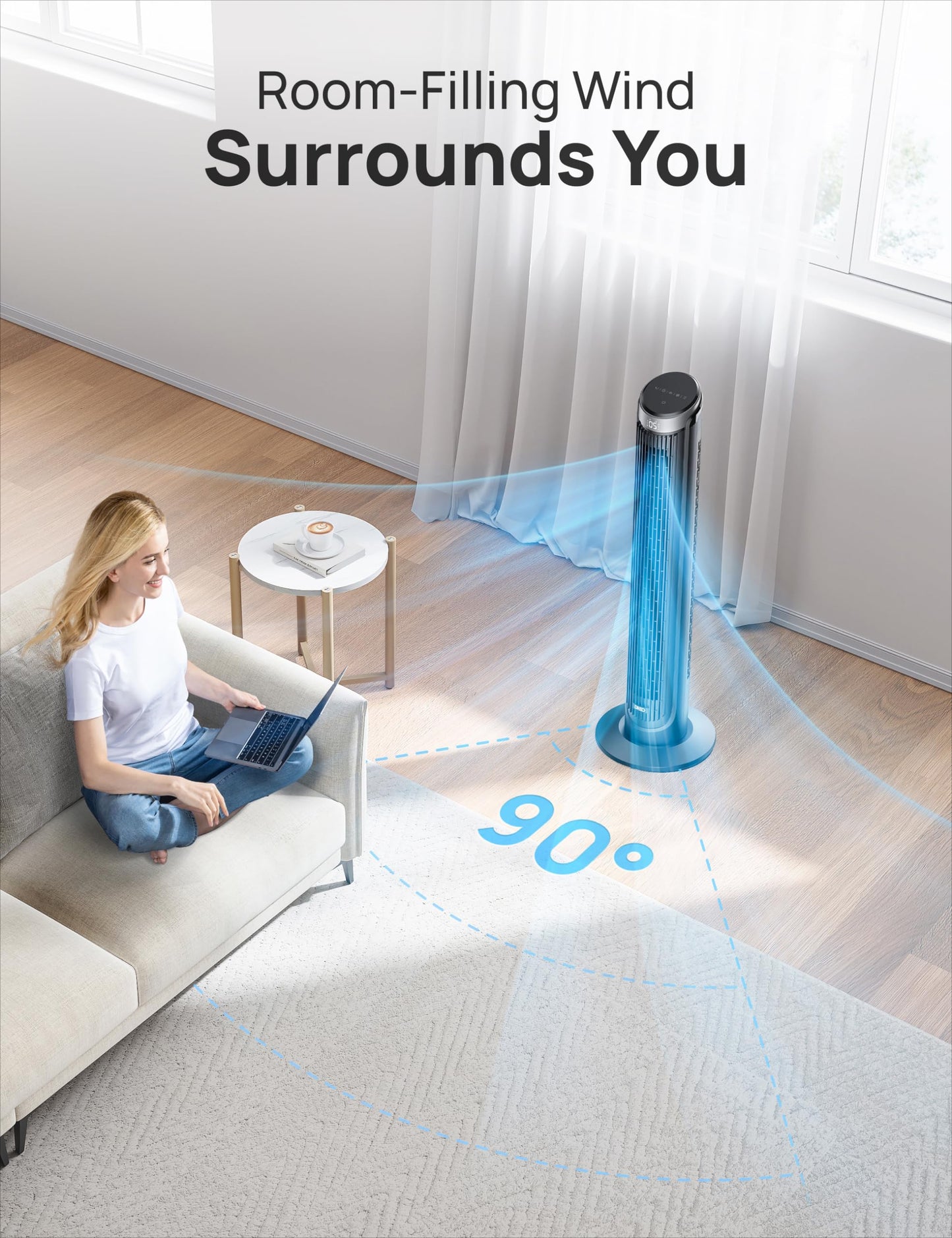 DREO Tower Fan for Bedroom, 90° Oscillating Fans that Blow Cold Air