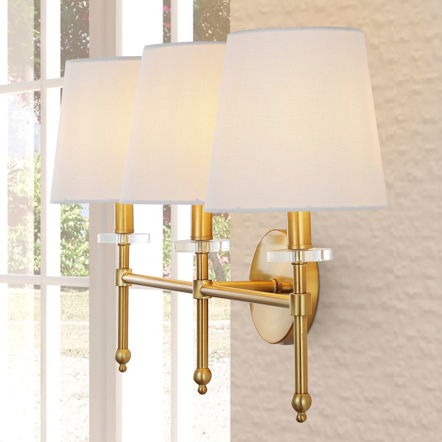 JONATHAN Y 23" Brass Gold Modern LED Wall Sconce, Midcentury Vanity Light for Bathroom Bedroom Hallway Decor, Iron Fixture with White Linen Empire