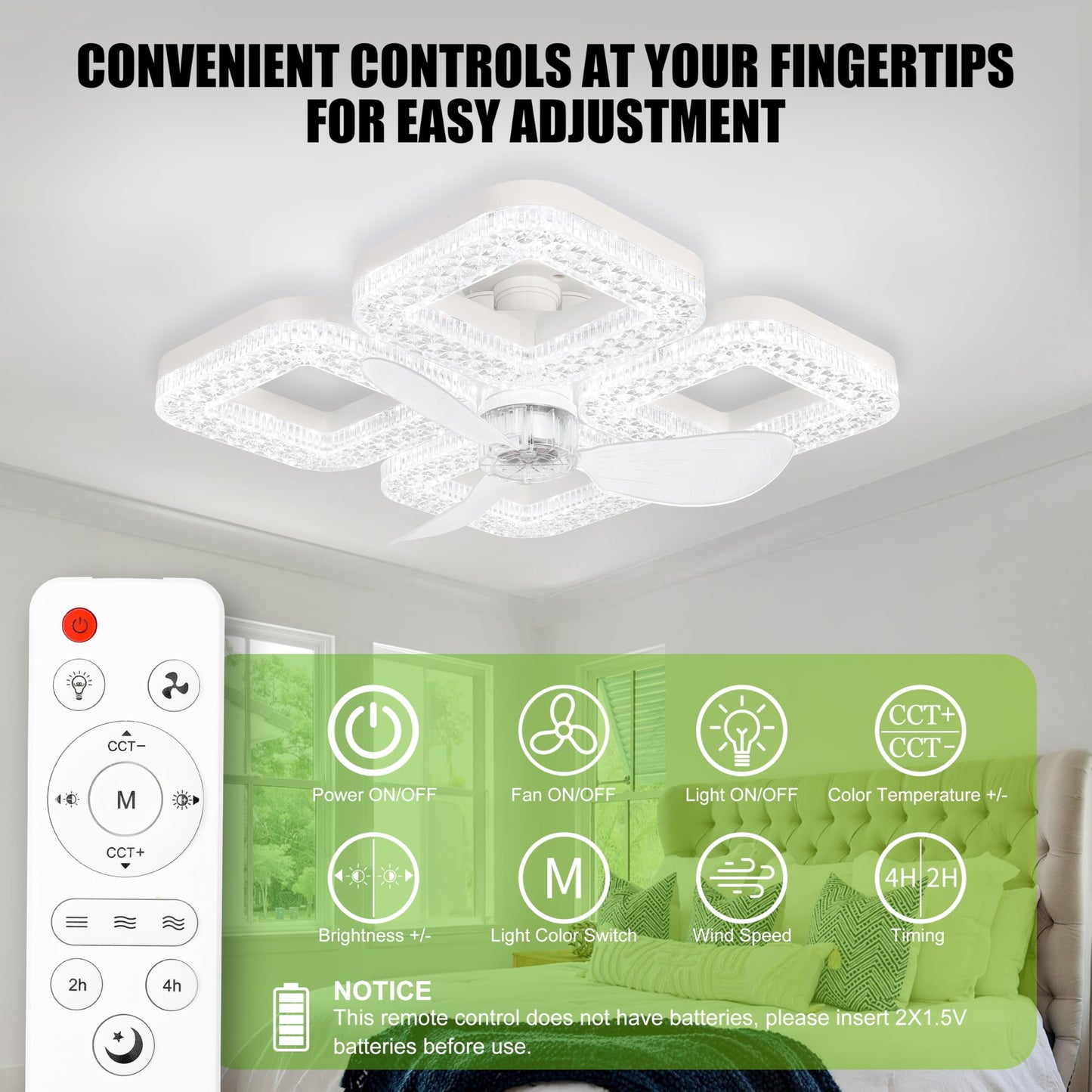 Yrofgzv Socket Ceiling Fan Light with Remote & Extender, 3 Wind Speeds, 2/4H Timer, 3000K-6500K Color Temperature, Ceiling Fan Lamp for Living Room