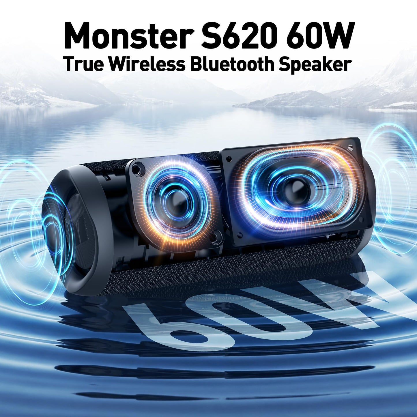 Monster Bluetooth Speaker, Wireless Portable Outdoor Bluetooth Speakers, 60W True Wireless Stereo IPX8 Waterproof, Dual PairingBluetooth 5.4 Built-in