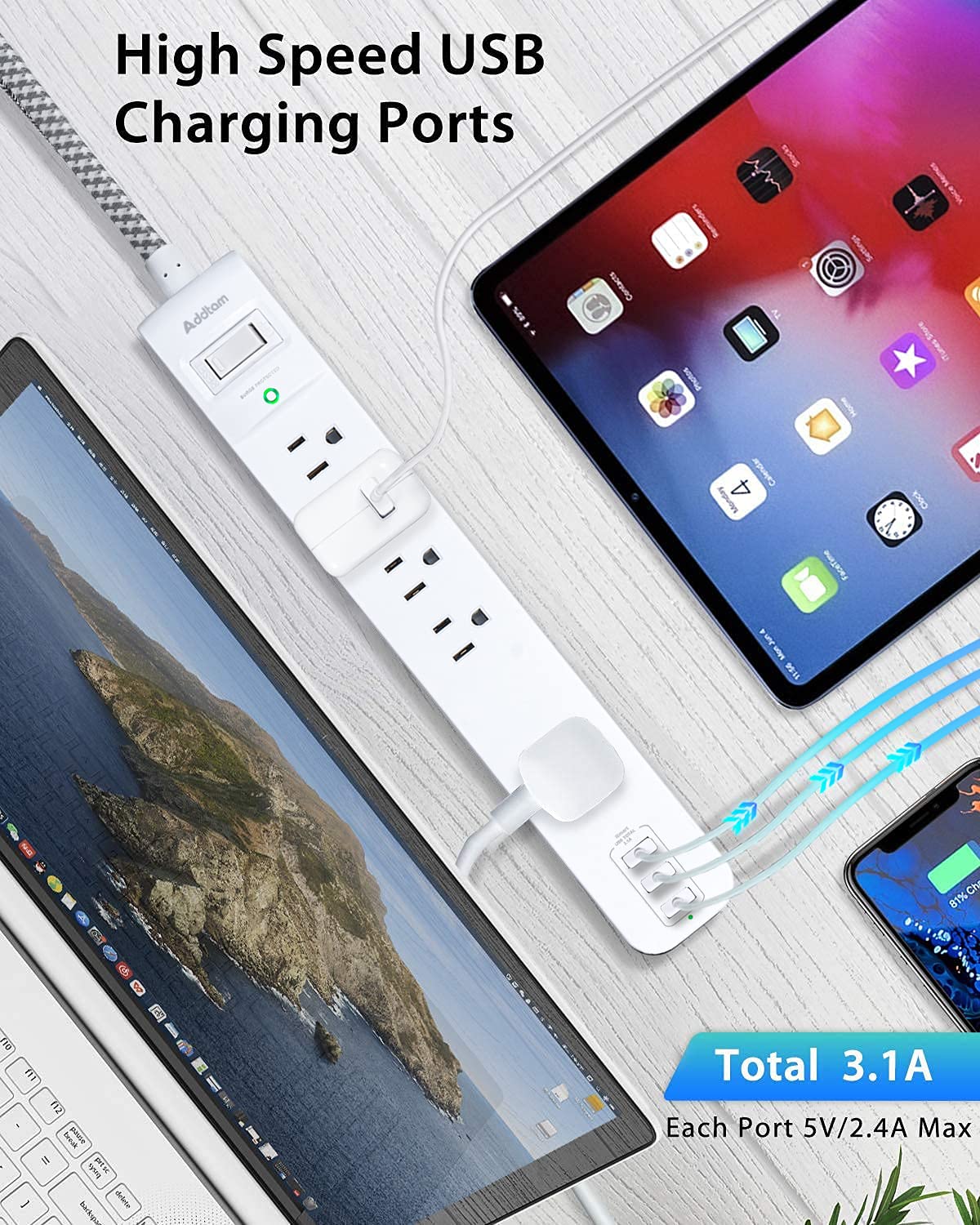 2 Pack Power Strip Surge Protector - 5 Widely Spaced Outlets 3 USB Charging Ports, 1875W/15A with 5Ft Braided Extension Cord, Flat Plug, Overload
