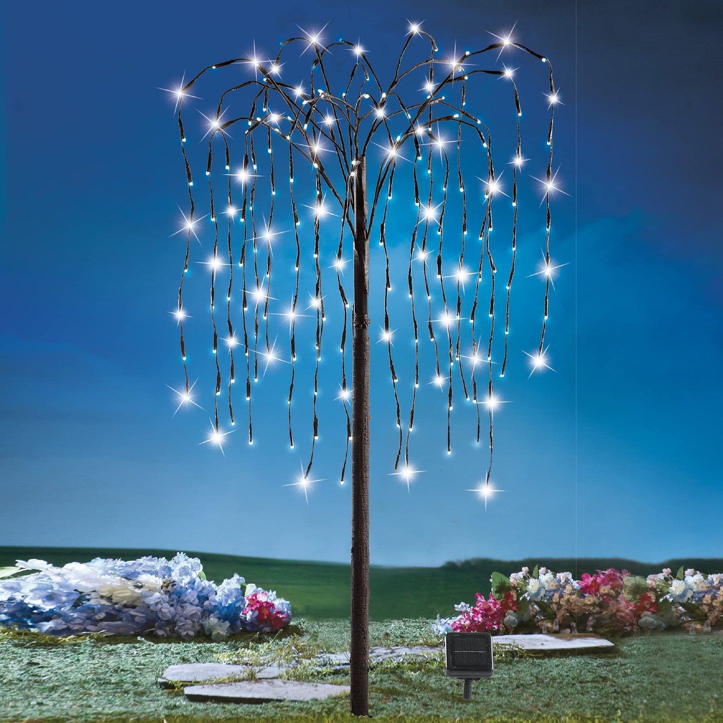 Collections Etc. LED Solar Willow Tree, Outdoor Solar Tree with Colorful Solar-Powered Lights with Adjustable Branches, White Lights