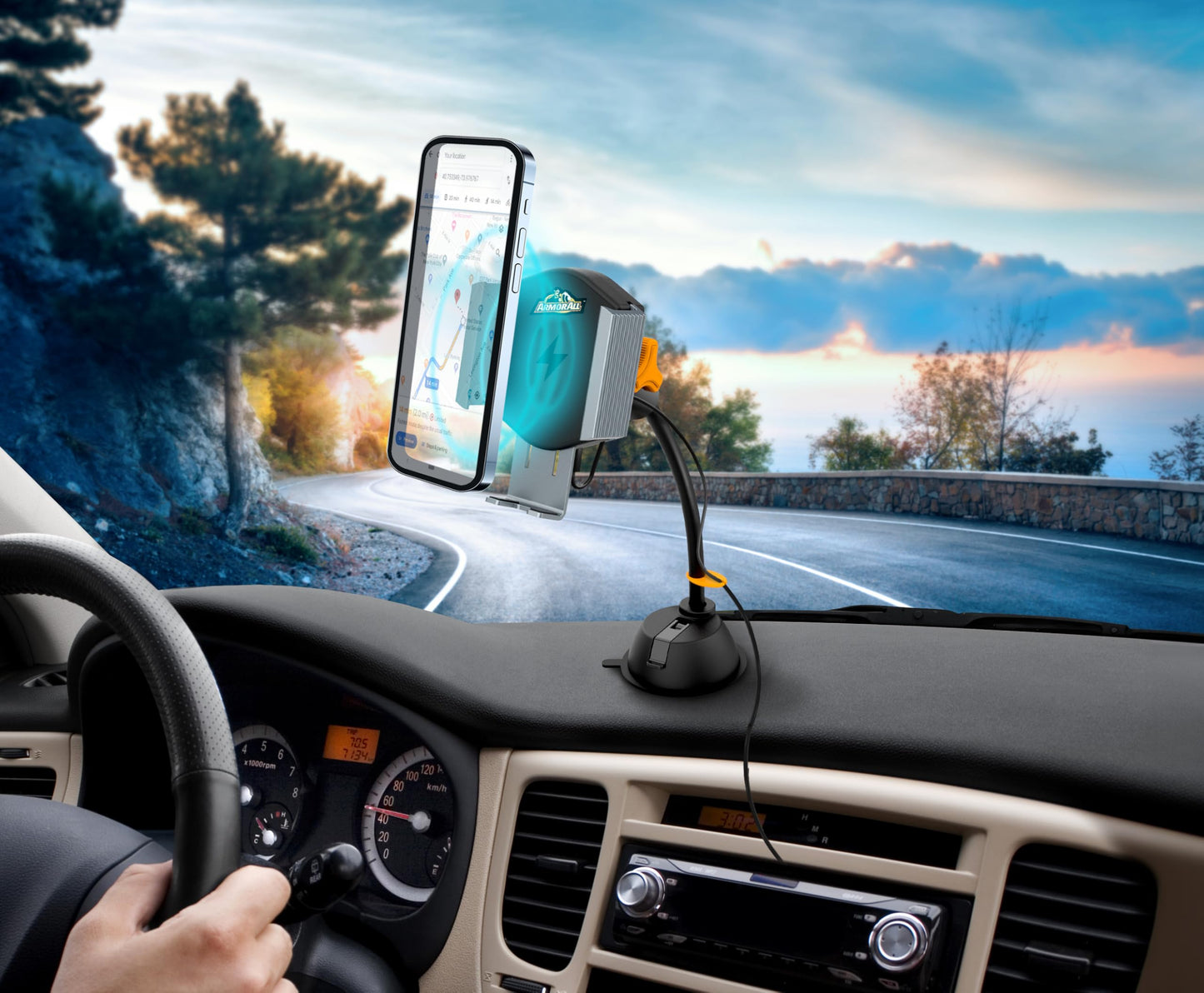 Armor All Wireless Charging Phone Holder, 15W Fast Charging Car Phone Mount, Flexible Gooseneck, Suction Cup and Cord Clip, 360 Degree Adjustable