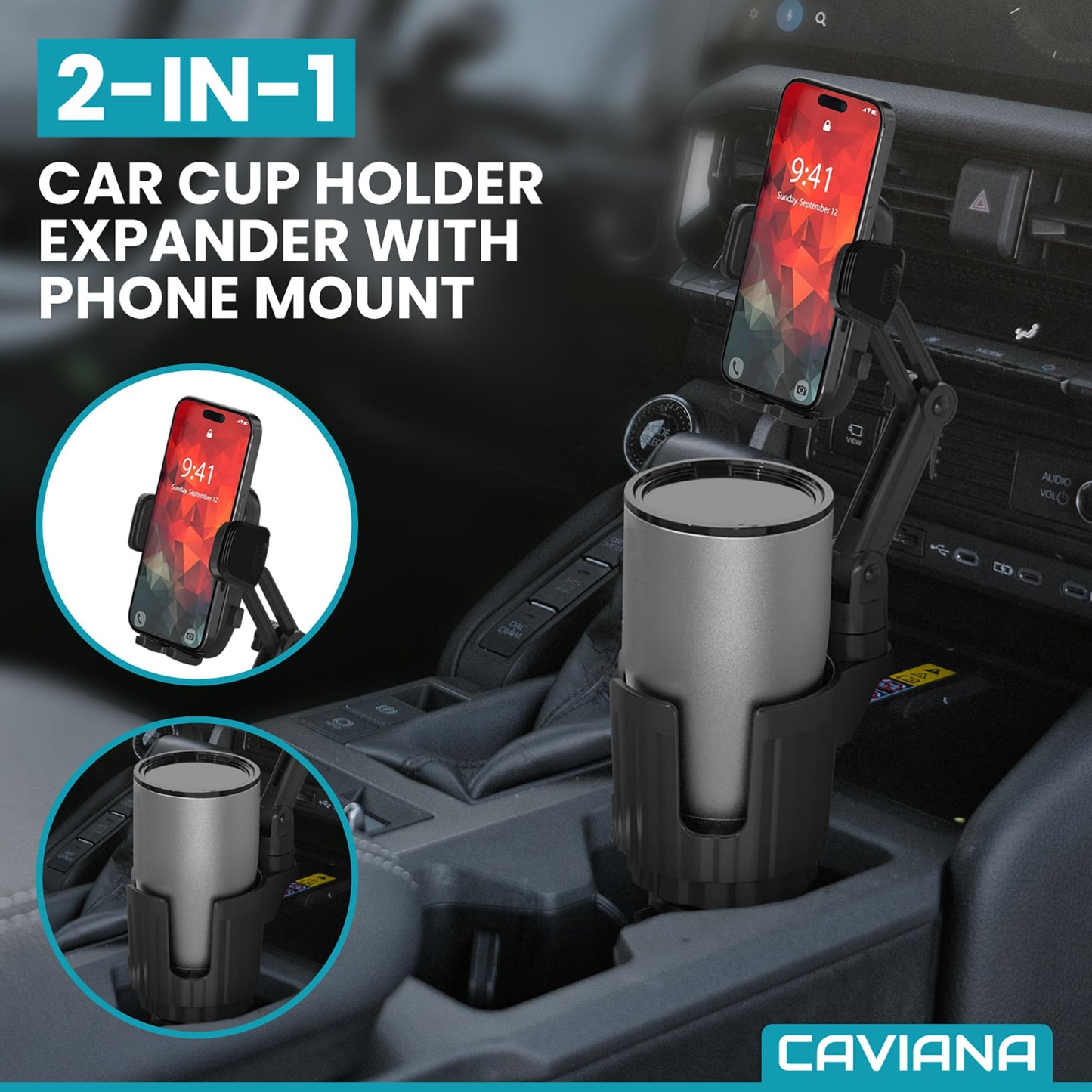 Phone Holder & Phone Mount for Car & Cup Holder Expander - 2-in-1 for Smartphones, Bottles, Tumblers & Coffee Mugs - Strong Clamp, Anti-Shake, 360°