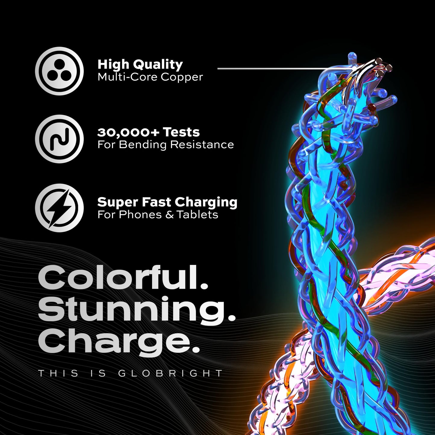 Statik Light Up Charger Cable - GloBright Braided LED Charging Cable, Glowing Super Fast Charging 100W Light Up Cable, Data Transfer, Lighted Phone