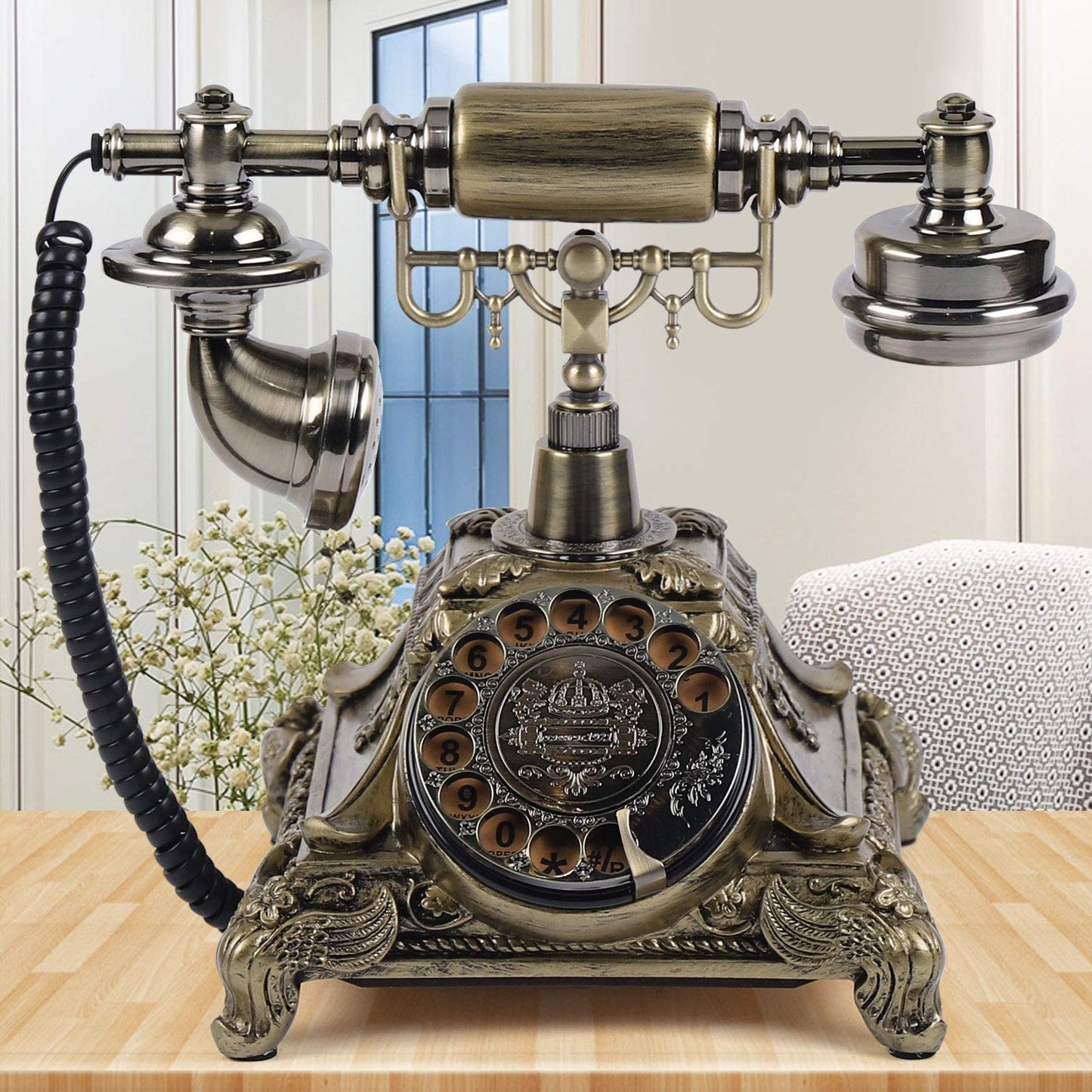 CNCEST Retro Vintage Telephone, Resin Imitation Copper Vintage Style Rotary Retro European Antique Handset Rotary Dial Phone Home and Office Telephone