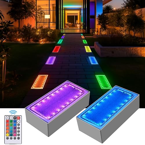 Solar Paver Color Changing Lights, 8x4 Solar Pavers Light Outdoor, Recessed Brick Pathway Lights, IP67 Waterproof Landscape Lighting