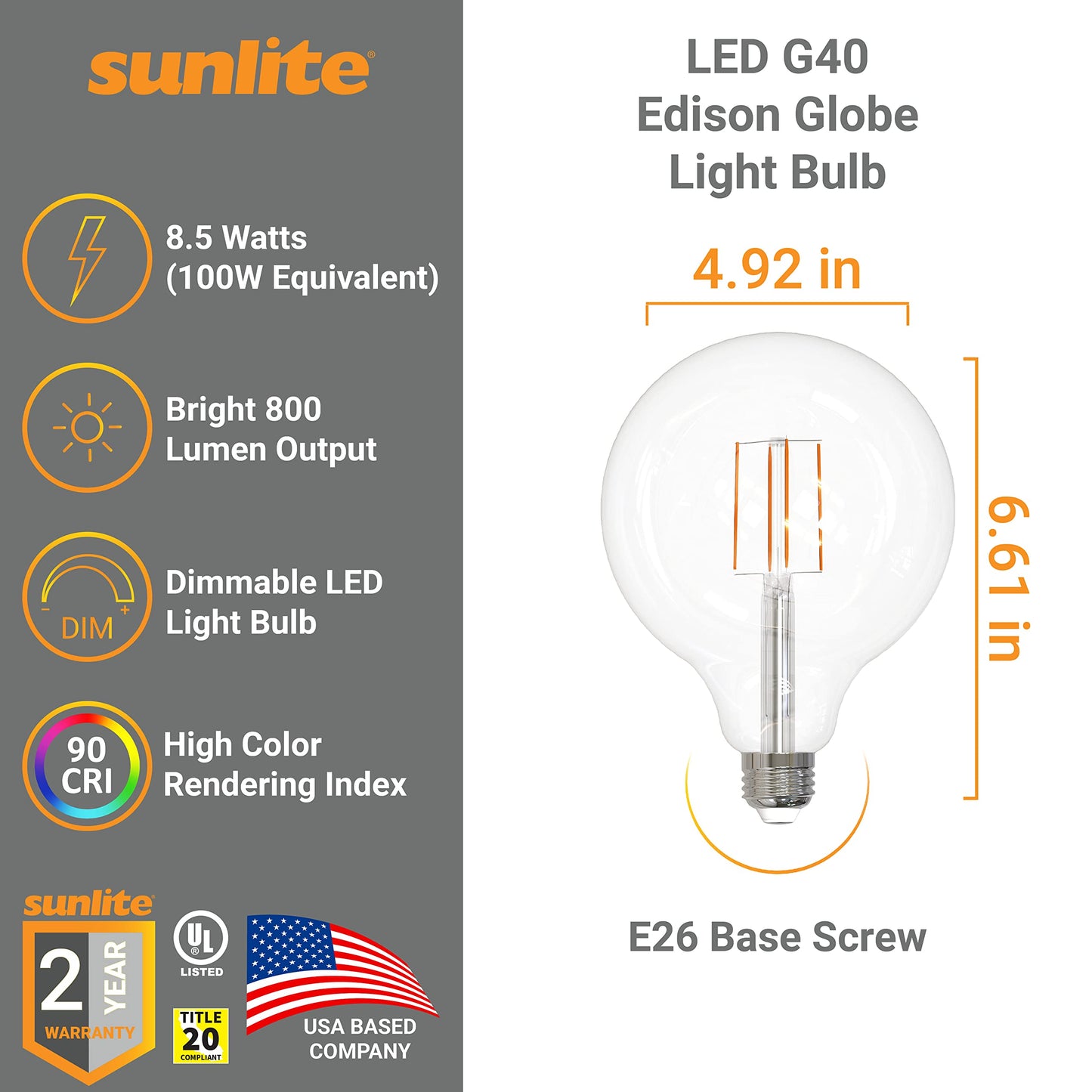Sunlite 41698 LED G40 Edison Globe Light Bulb, 8.5 Watts (100W Equivalent), Standard E26 Base, 800 Lumens, Dimmable, Decorative Clear Glass, Antique