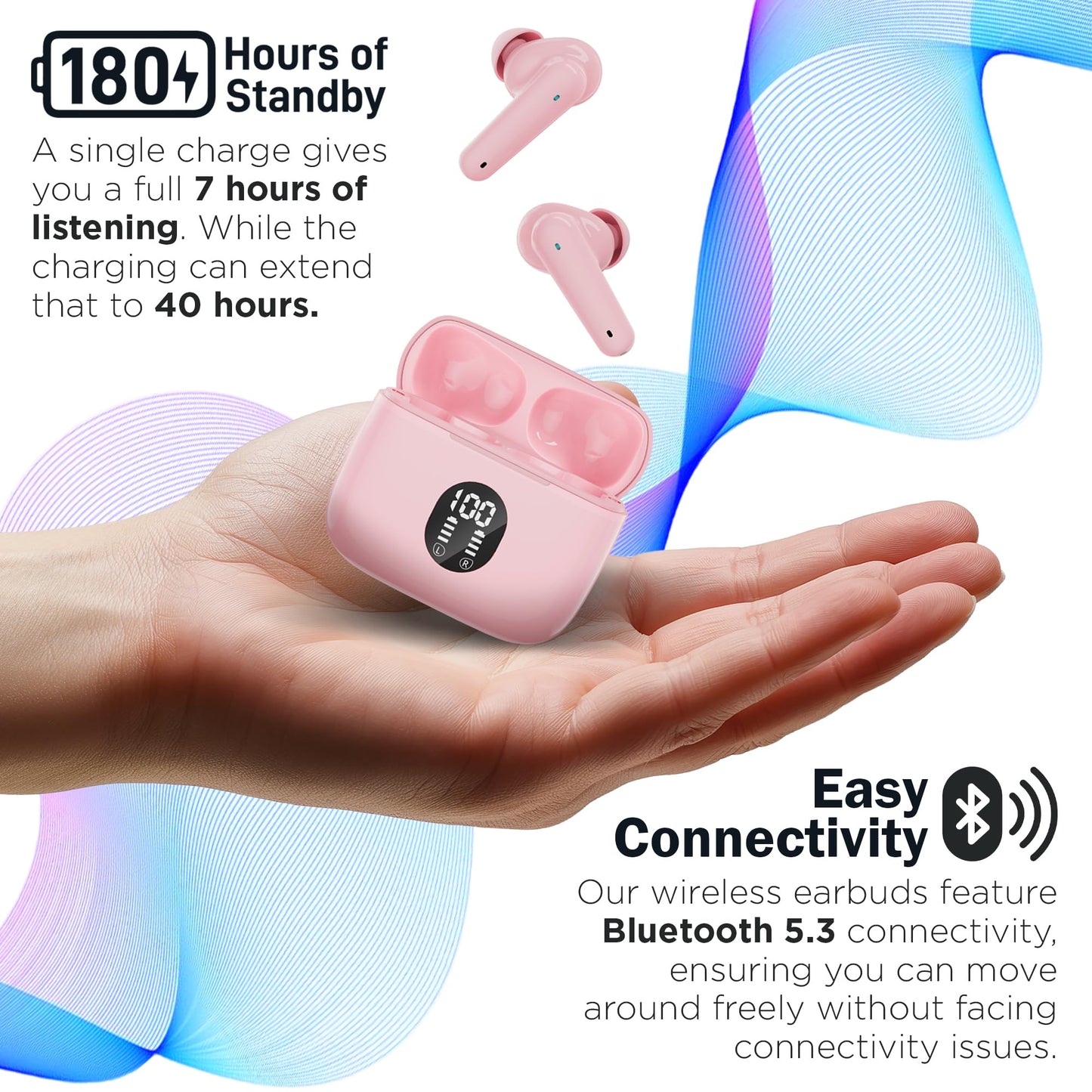 MyJoy Classic Sweatproof Wireless Bluetooth Earbuds, Dual Microphone, IPX5 Noise-Reducing Commute & Workout Earbuds with 7-Hour Playtime, Pink