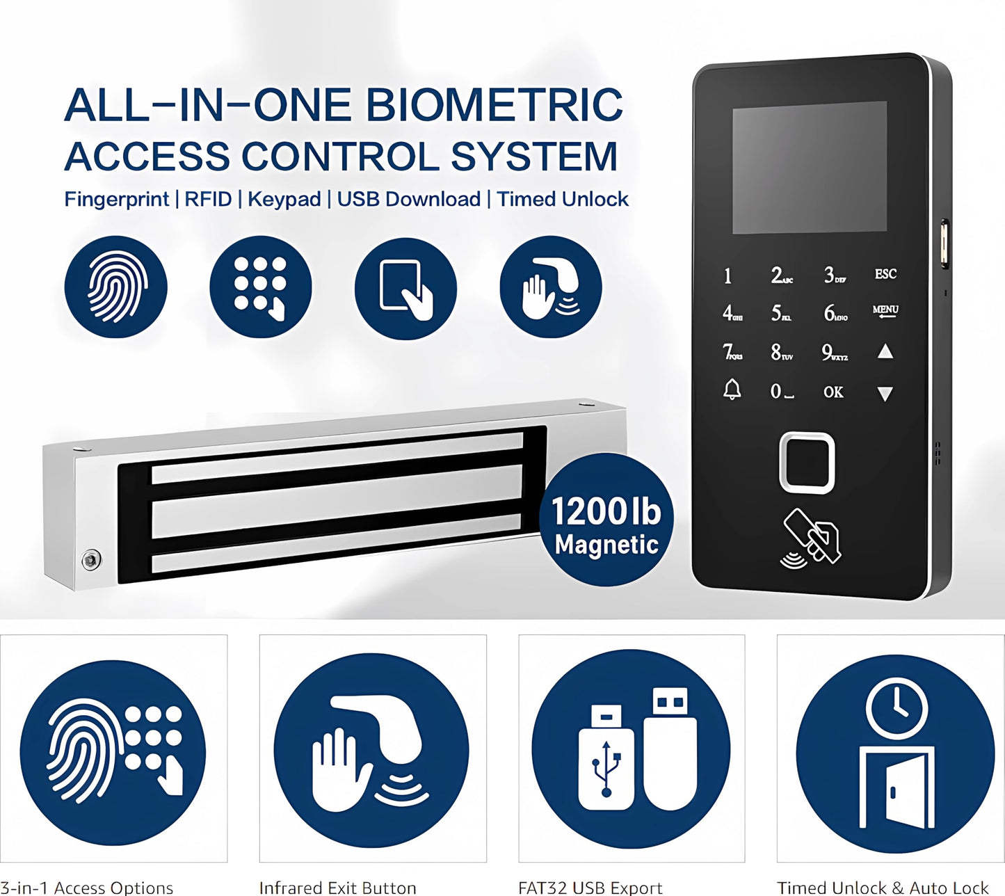 Biometric Access Control System with Fingerprint, Keypad, RFID, Infrared Exit Button, 1200lb Magnetic Lock, LCD Display, USB Download, Attendance