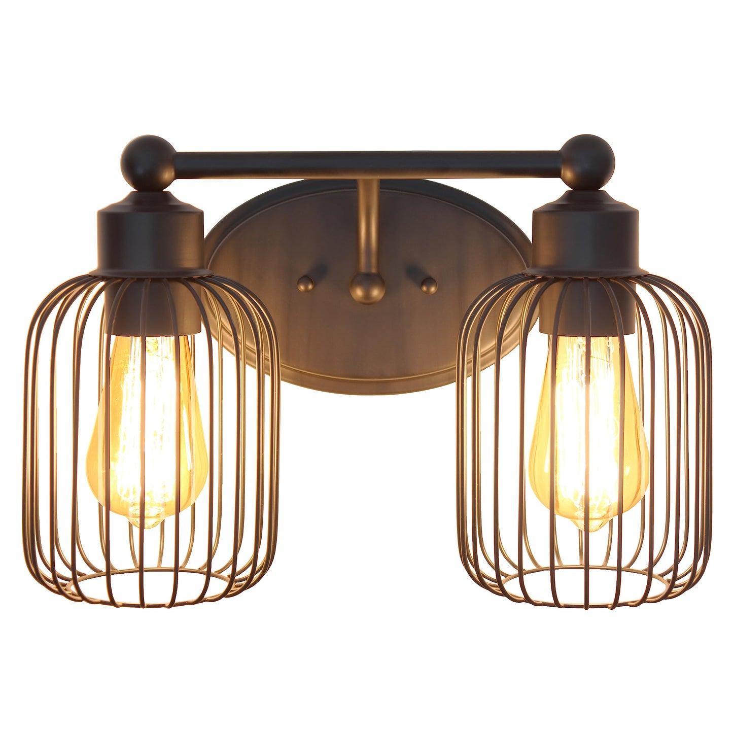 Elegant Designs VT1021-BLK 14" Industrial Farmhouse 2 Light Metal Birdcage Decorative Wall Mounted Vanity Fixture with Matching Metal Oval Backplate