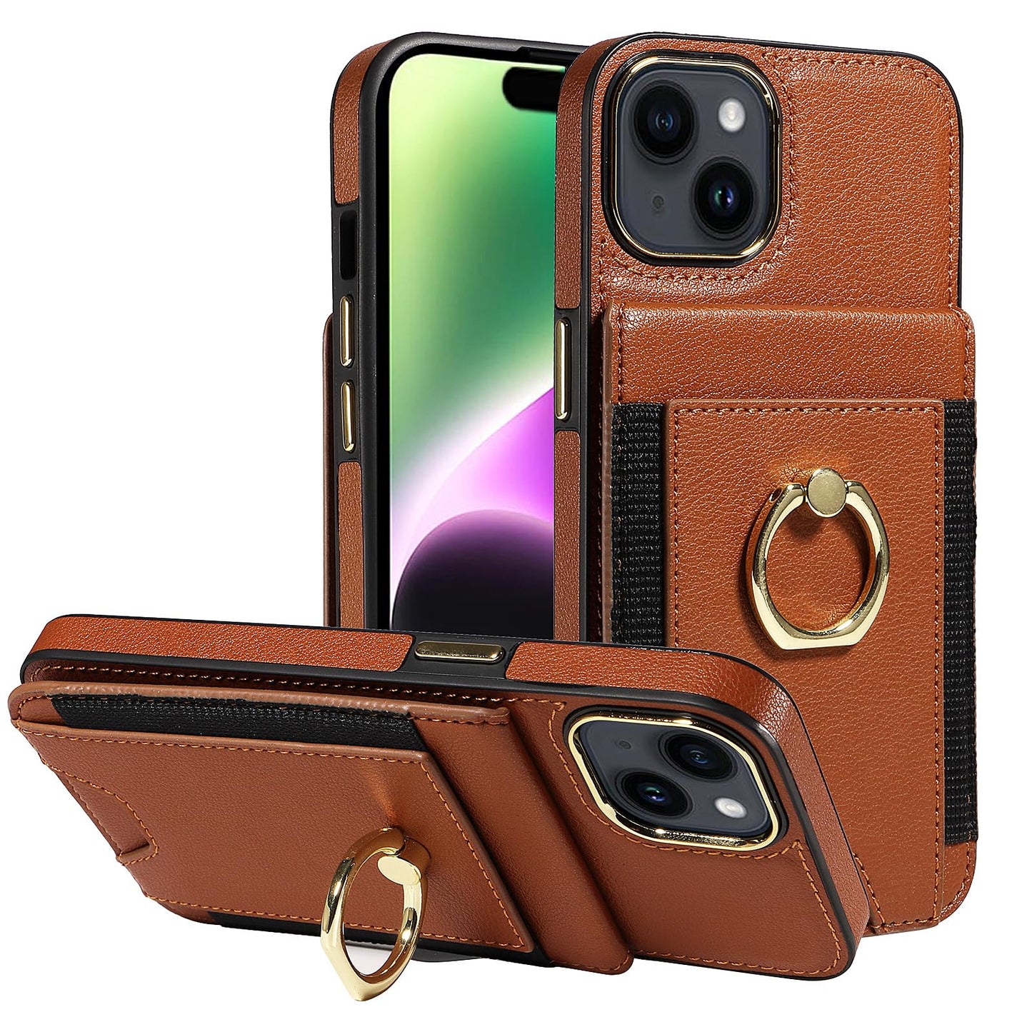 S. Tedazo for iPhone 15 Wallet Case with Credit Card Holder and 360° Rotation Ring Stand, RFID Block Flip Leather Shockproof Cover for iPhone 15-Brown