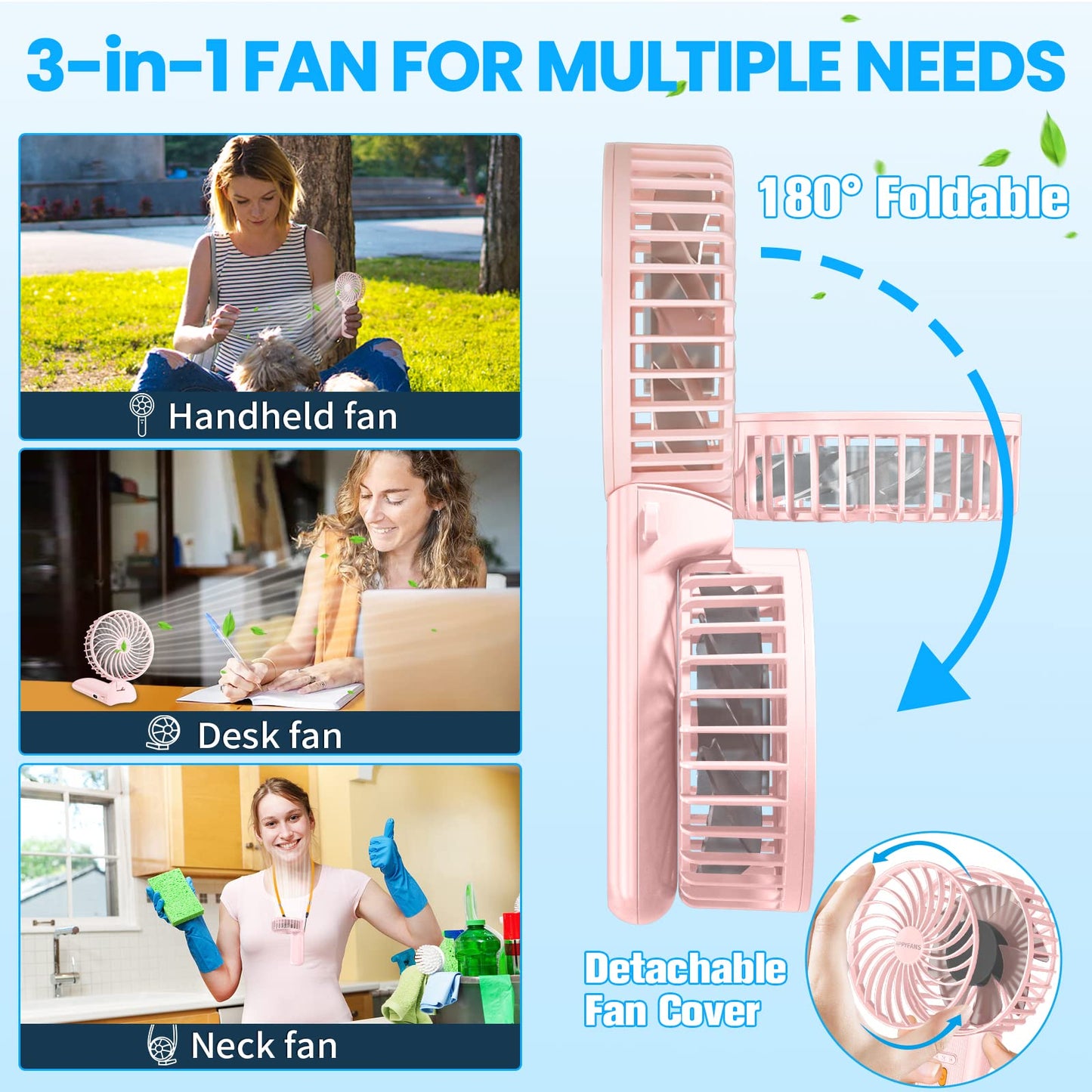 2024 Upgraded Portable Fan,Small Handheld Fan with Foldable Handle,Mini Desk Fan Up to 20H Cooling Time,Quiet Neck Fan with Rope,Travel Essentials