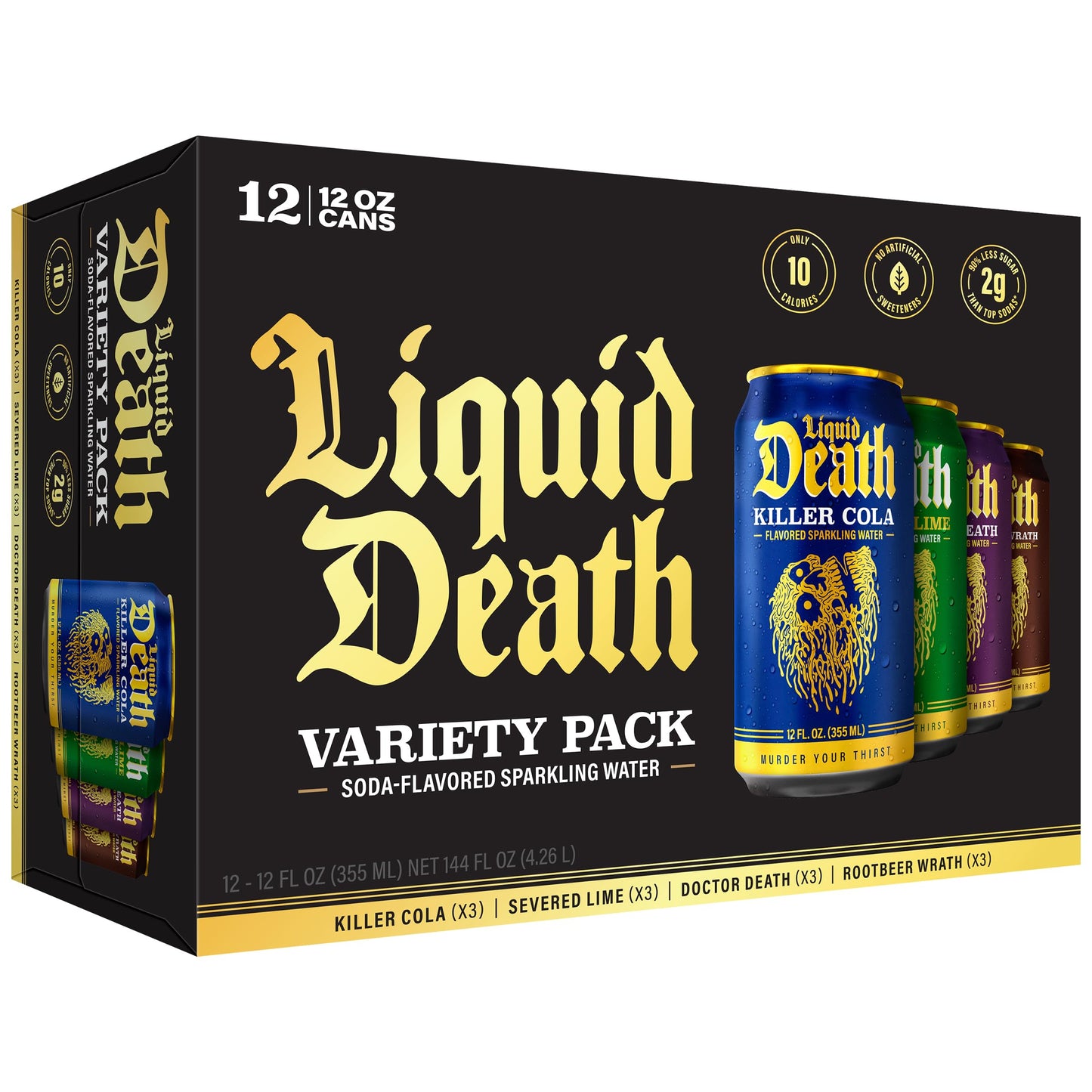 Liquid Death Soda-Flavored Sparkling Water - Classic Variety, Less Sugar*, Huge Flavor, No Caffeine, No Artificial Sweeteners, 4 Flavors: Lime, Doctor Death, Cola, Root Beer, 12 Fl Oz (Pack of 12)