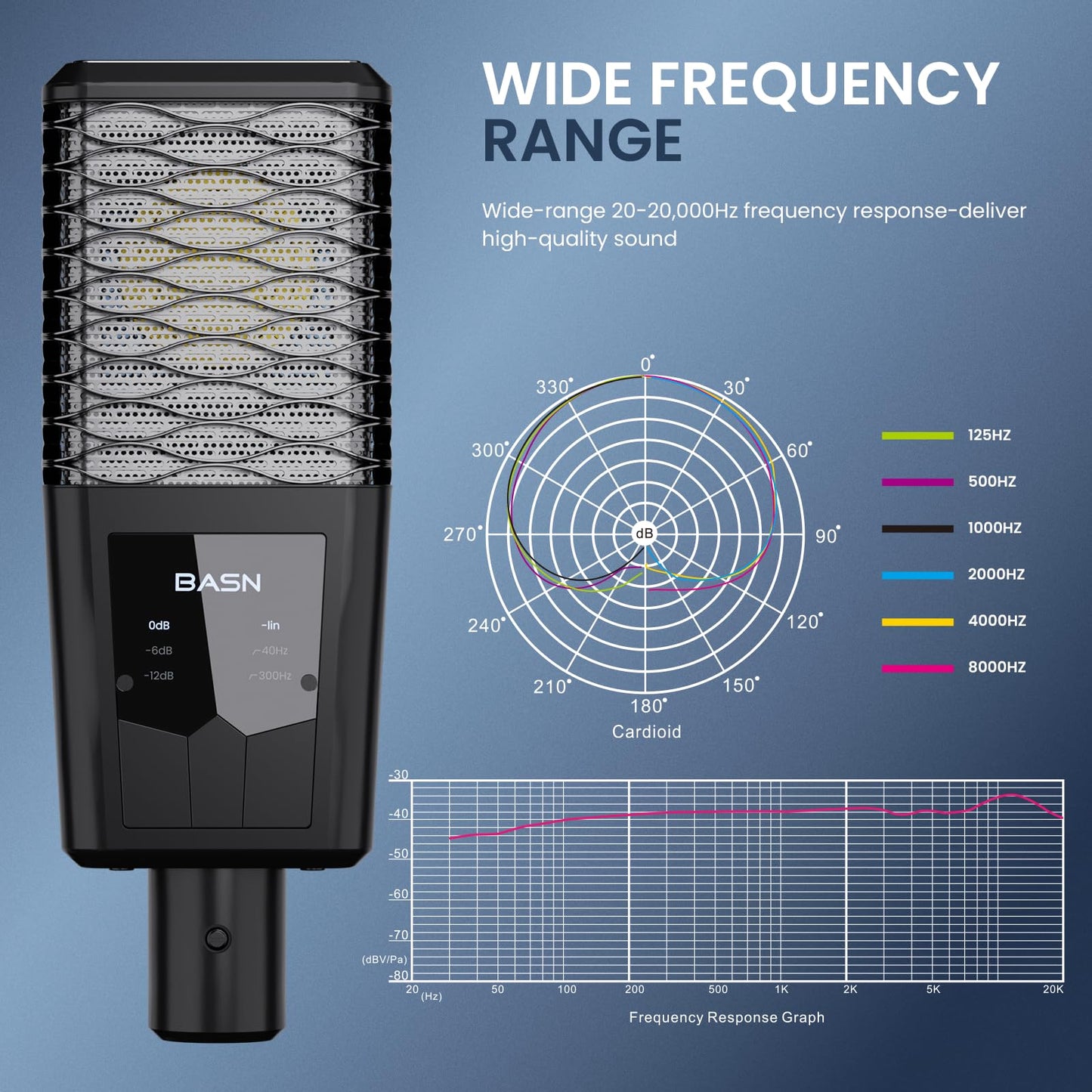 BASN BMS2 Cardioid Condenser Microphone, Large Diaphragm XLR Studio Recording Mic for Podcasting, Singing, Streaming (Black)