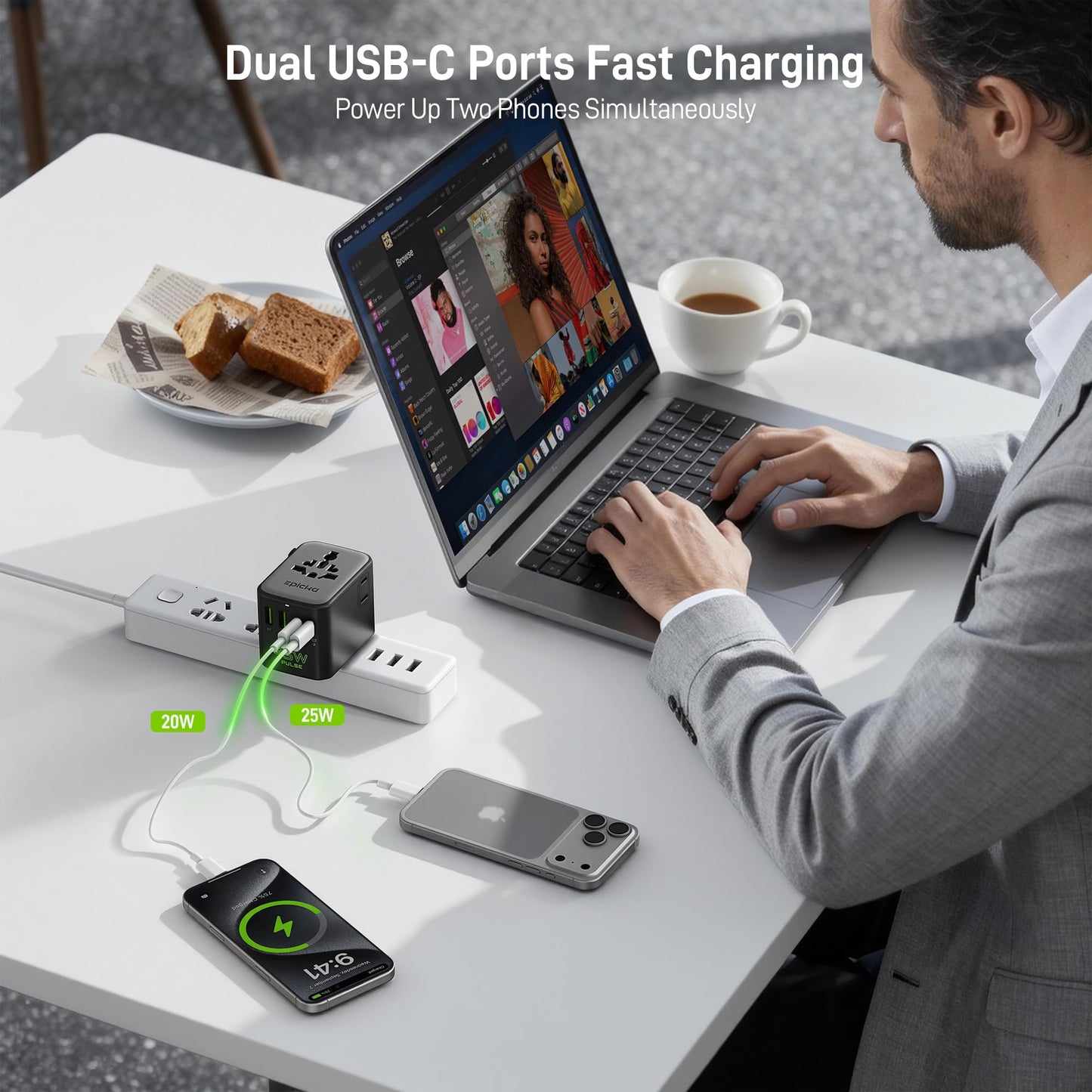 Epicka Pulse Duo 45W Universal Travel Adapter, International Power Adapter with PD & QC 3.0 Fast Charging for 2 Devices Simultaneously, European…