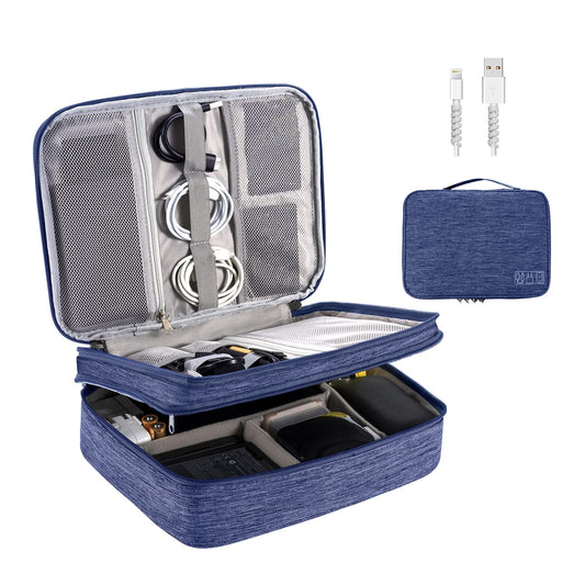 OrgaWise Electronic Accessories Bag Travel Cable Organizer Three-Layer for iPad Mini, Kindle, Hard Drives, Cables, Chargers (Three-Layer-Navy)
