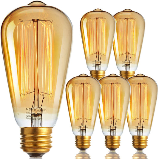 Newhouse Lighting ST64INC-6 ST64 Vintage Light Bulb 6-Pack Edison Bulbs-ST64 Style 60 Watts-Dimmable, Medium (E26) Standard Base E27-Squirrel Cage