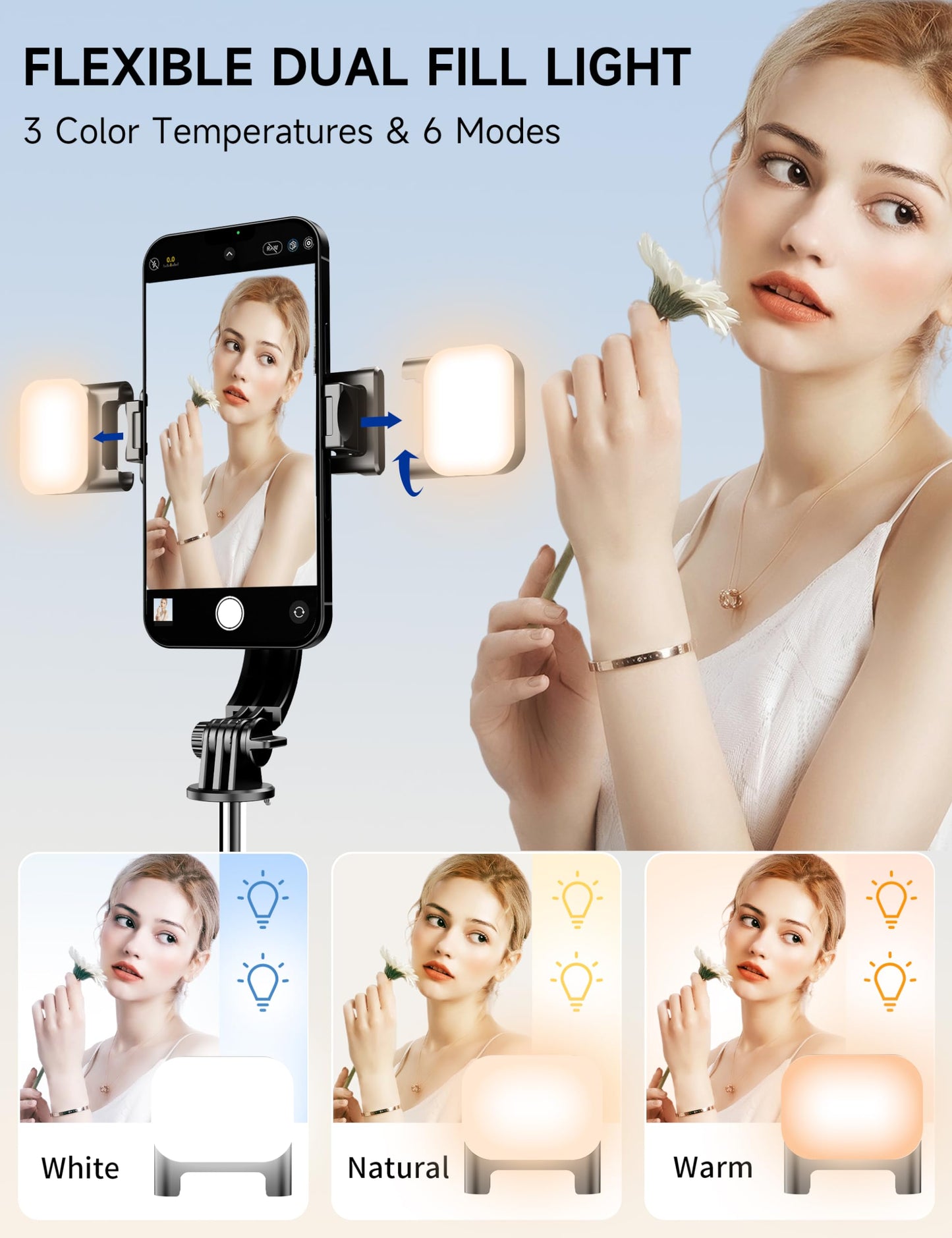 45" Selfie Stick Tripod with 2 Lights, Extendable 5 in 1 Selfie Stick Phone Tripod, Portable Selfie Sticks with Wireless Remote Compatible with iPhone