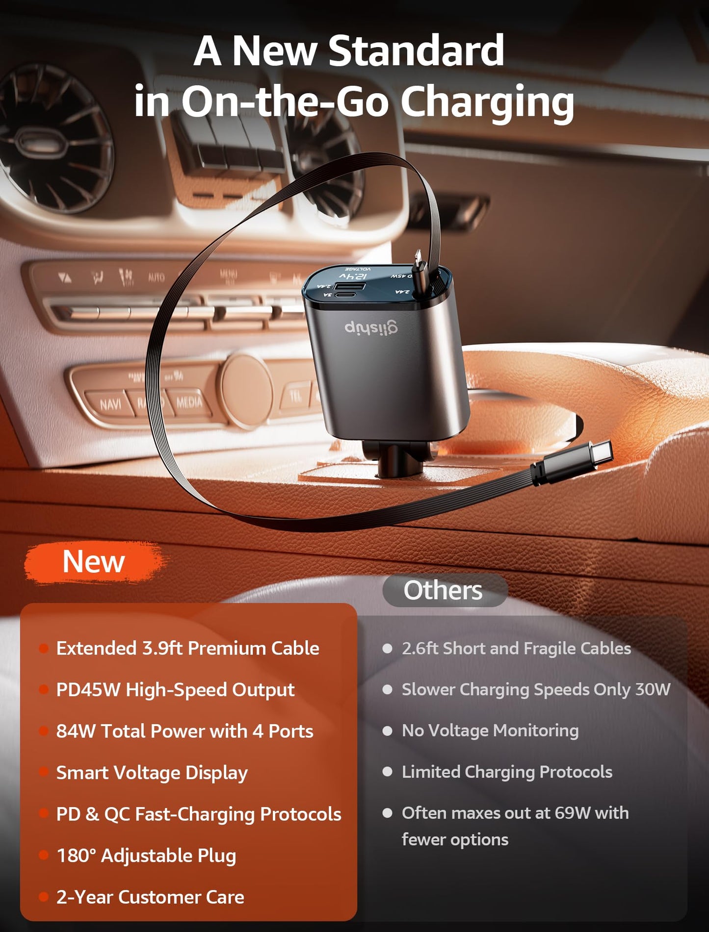 Upgraded Retractable Car Charger 4 in 1, MAX 84W USB C Car Charger Adapter for iPhone 16 Chargers Fast Charging with 3.9FT Longer Cable Cars