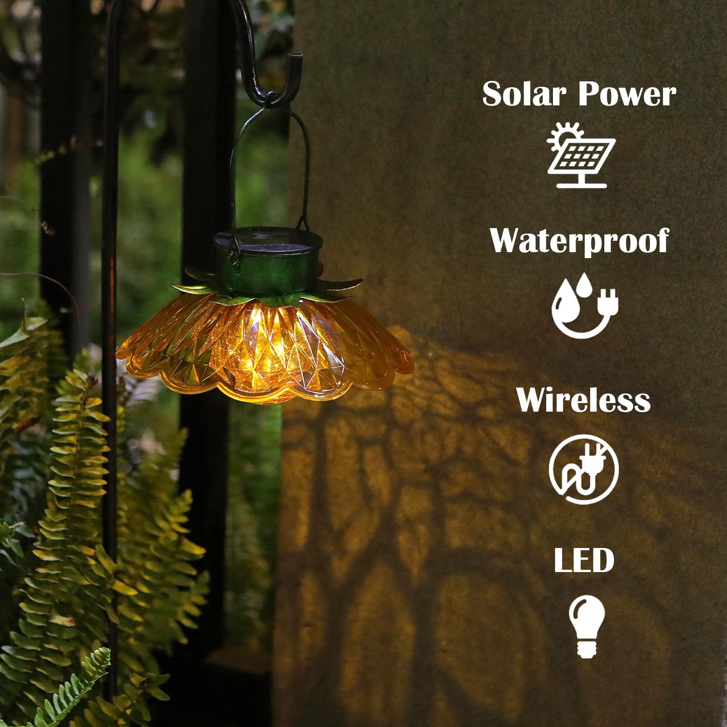 XUWEN Hanging Solar Lantern Outdoor - Yellow Solar Flower Lights with Crackle Globe Glass, Hanging Lanterns Decorative Outdoor for Walkway Pathway