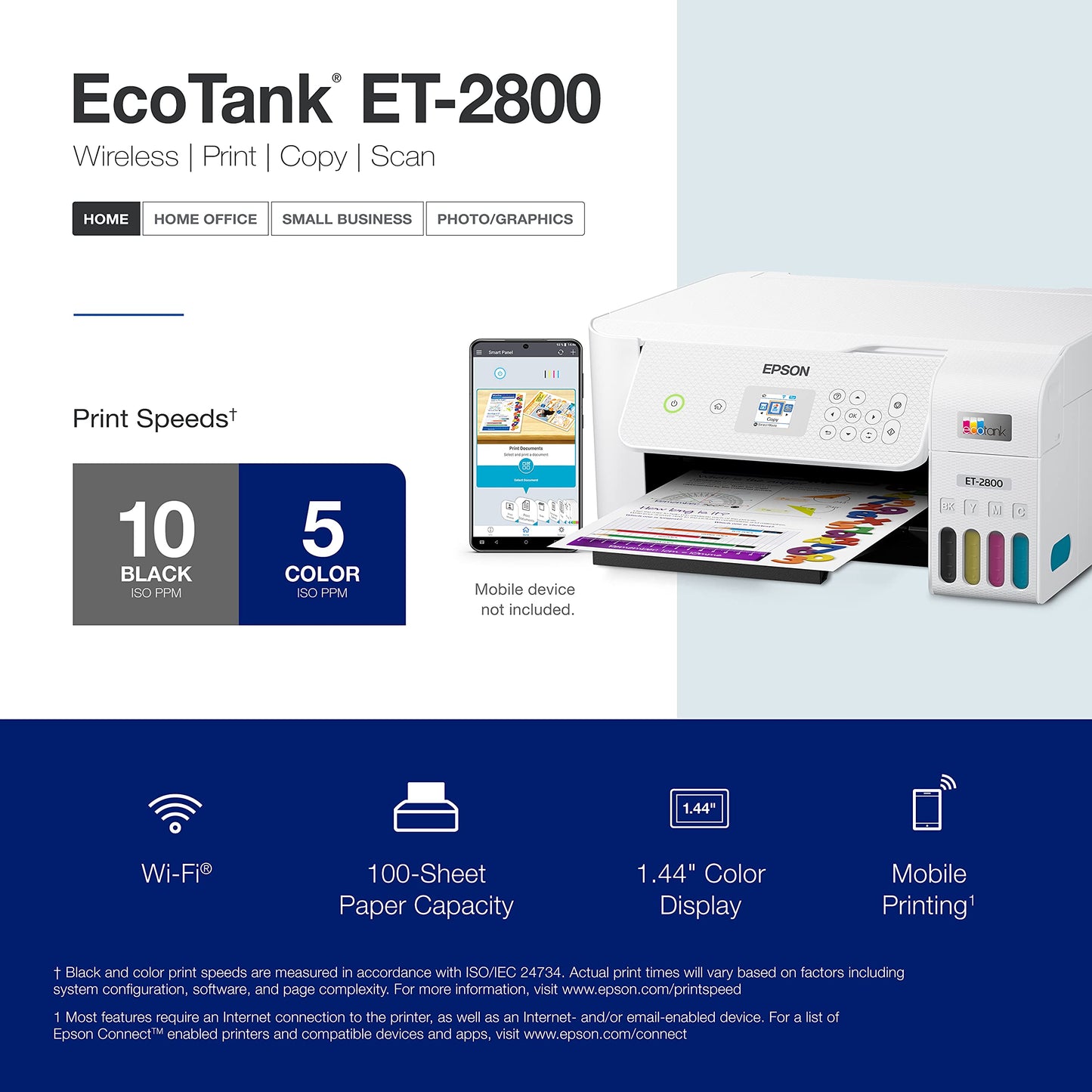 Epson EcoTank ET-2800 Wireless Color All-in-One Cartridge-Free Ink Supertank Printer with Scan and Copy for Home Use, White