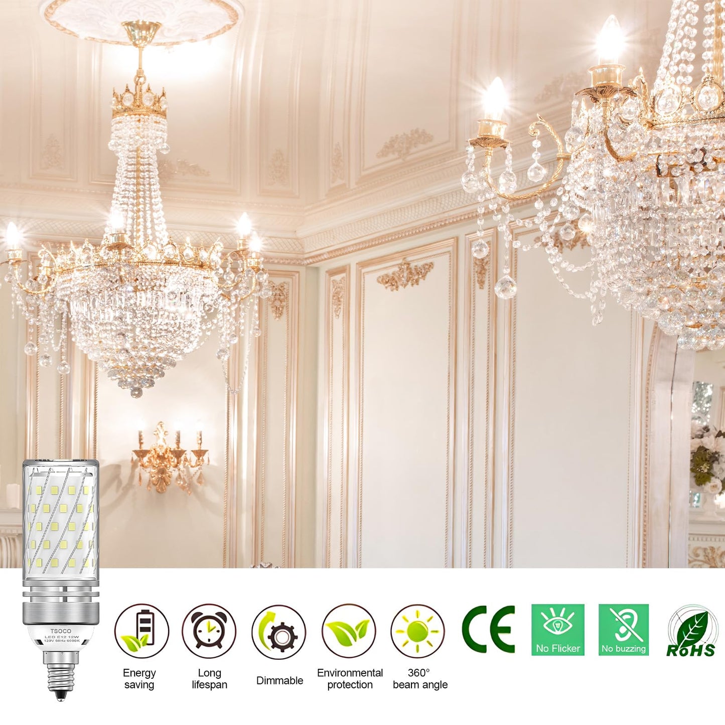 TSOXCO E12 LED Bulbs, 12W Chandelier Light Bulbs 6000K Daylight White, 1200LM 100W Equivalent Non-Dimmable, PC Aluminum Shell, 3 Pack