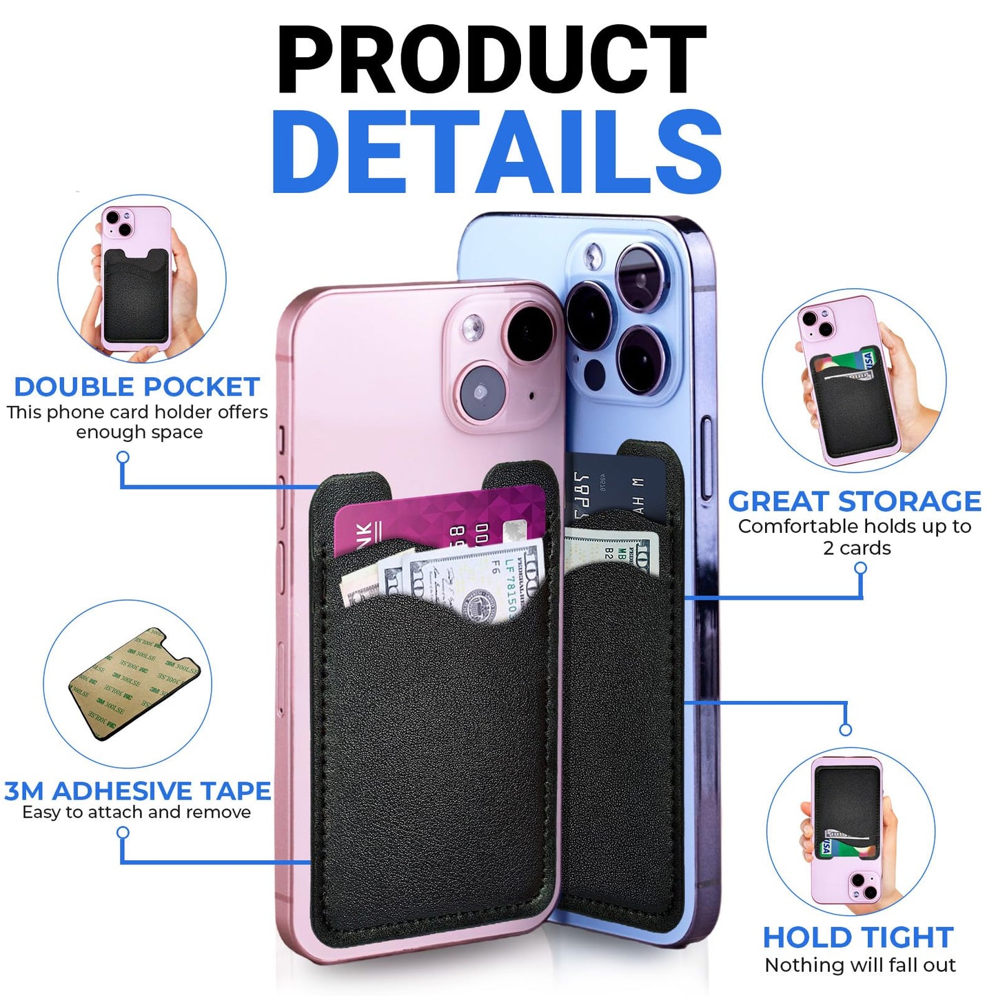 SNJXAMC Phone Wallet Stick ON,Credit Card Holder for Phone Case,Leather Wallet,Stick On Wallet for iPhone Samsung Android,Card Holder,2 Pack,Black