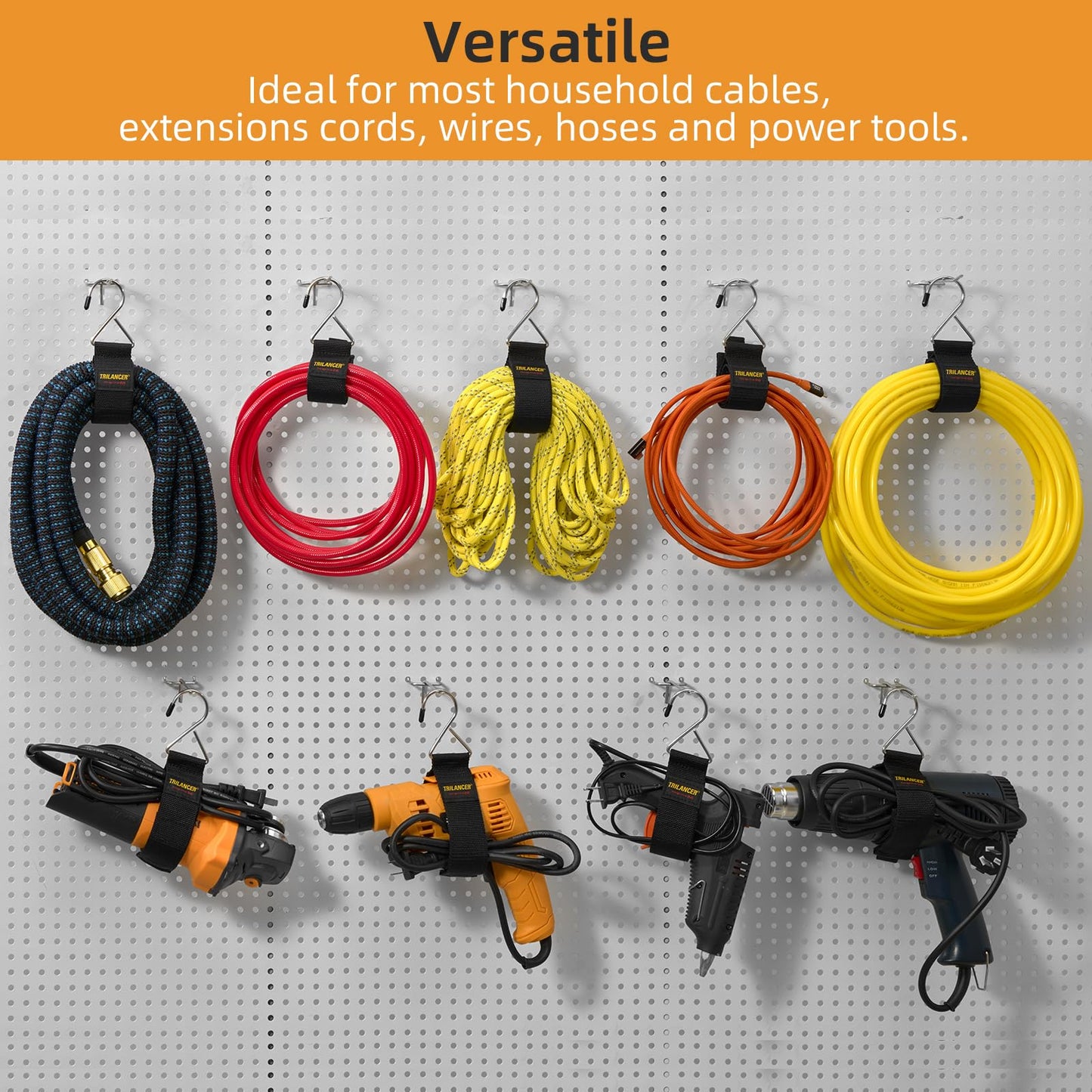 Extension Cord Organizer and Hanger (6-Pack), Trilancer Hook-and-Loop Storage Straps with Metal Hook to Hang on Walls for Cables, Wires, Rope, Hoses