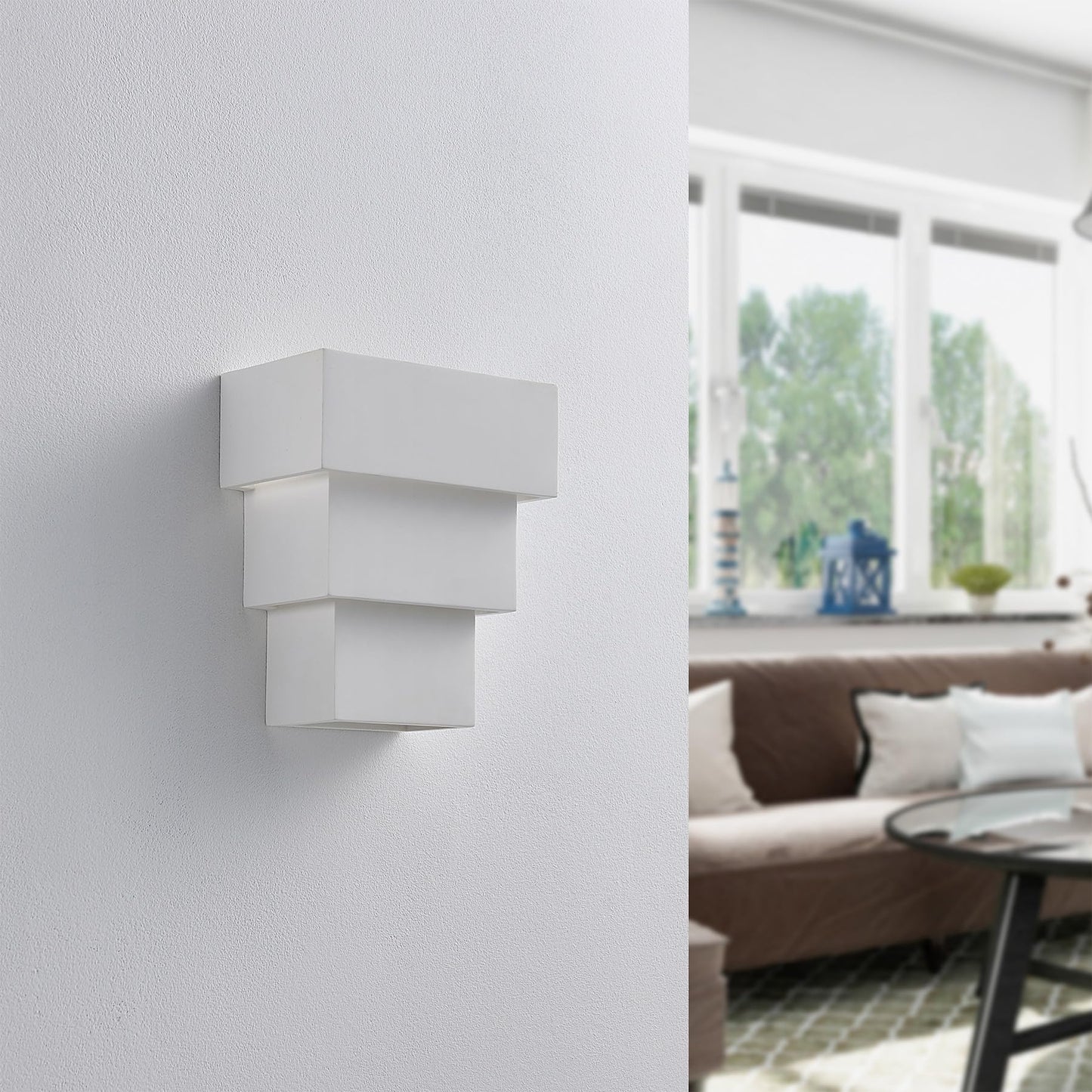 Lucande White Wall Sconce, Paintable Plaster Wall Light Fixture with 3 Tier Waterfall Design, Indoor Hardwired Wall Lamp for Living Room Decor Hallway