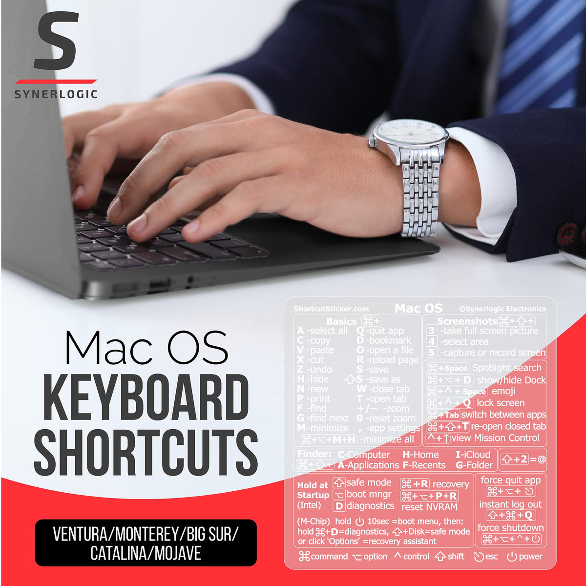 Synerlogic (2pcs) Mac OS Shortcuts Sticker | Keyboard Stickers for macOS | No-Residue Laminated Vinyl MacBook Cheatsheet for Laptop | MacBook