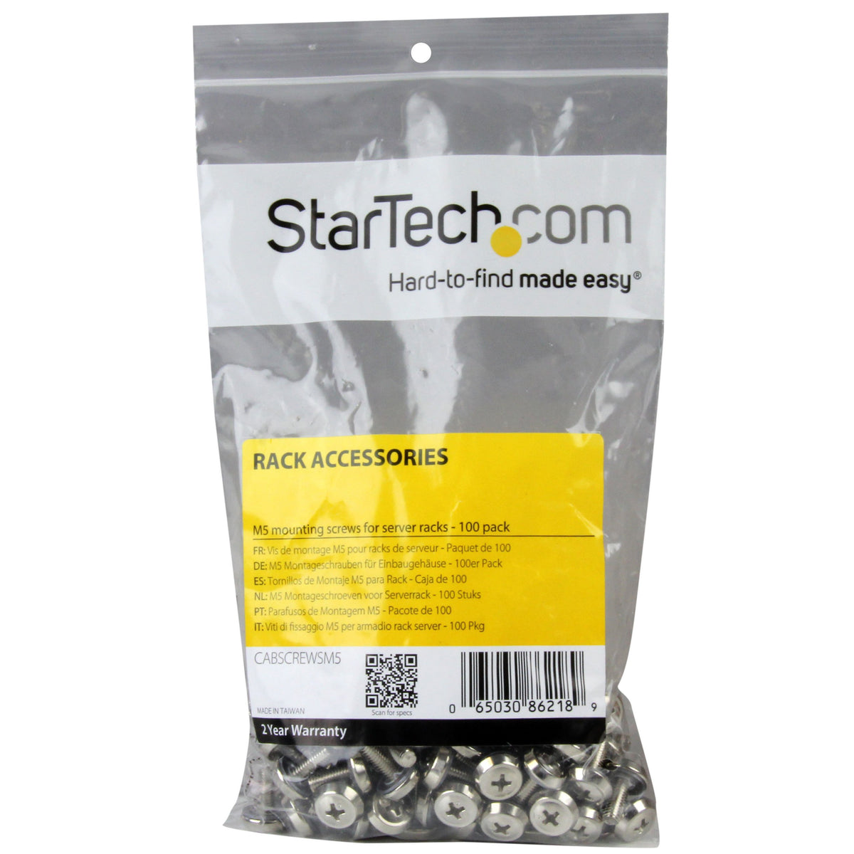 StarTech 100-Pack M5 12mm Mounting Screws, Nickel-Plated, 19in & 10in, TAA