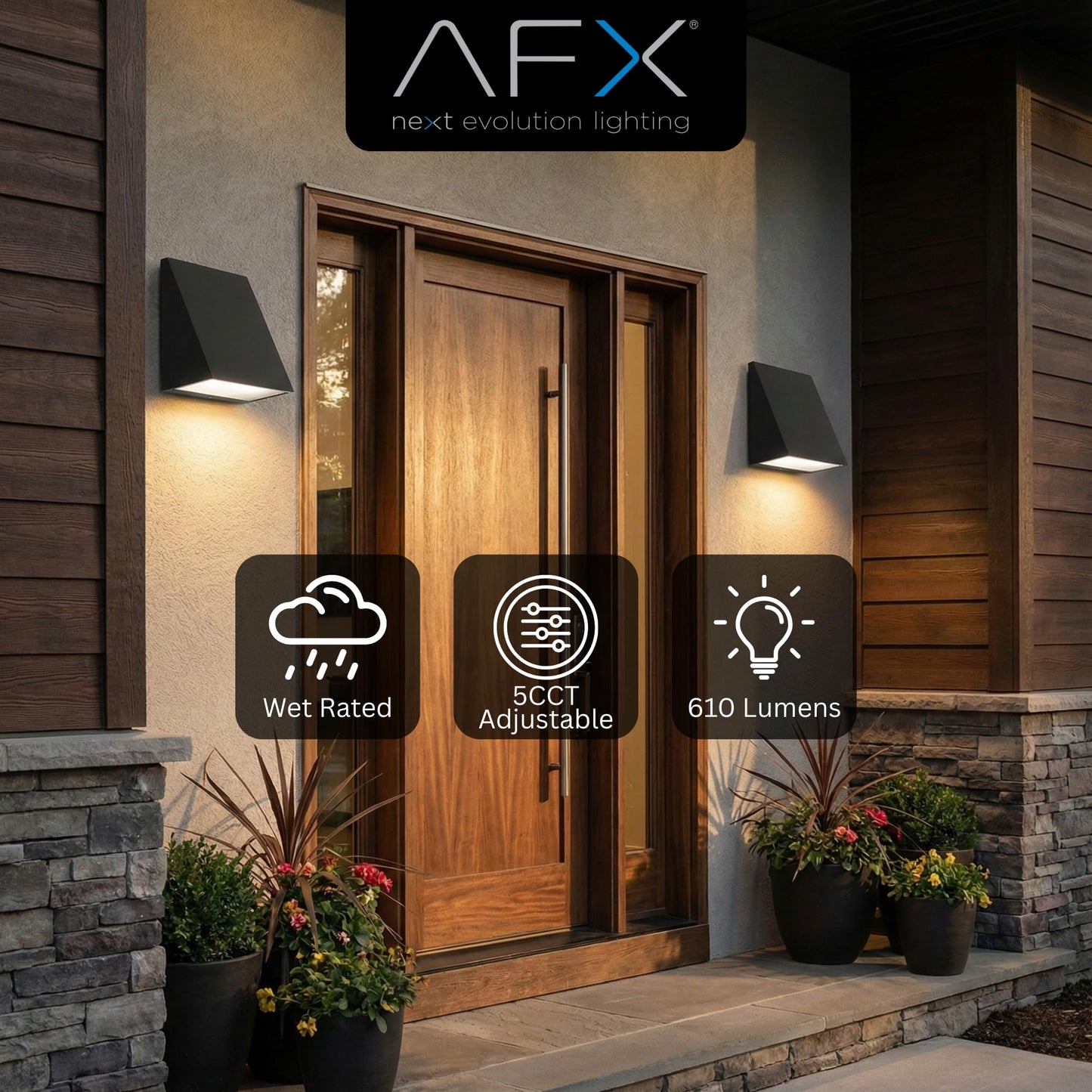 AFX WTNW0506LAJUDBK Watson 6 Inch LED Outdoor Sconce | 12W LED | 610 Lumens | 2700K to 5000K 5-in-1 CCT | 90 CRI | Dimmable 0-10V TRIAC ELV | Wet