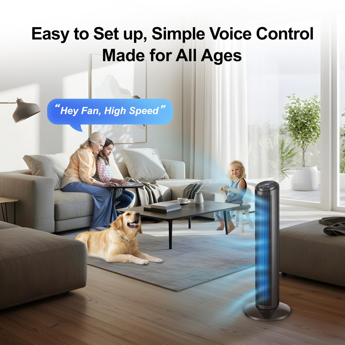 Emerson SmartVoice 29” Tower Fan, Wi-Fi Free Voice Control, Smart Tower Fan for Bedroom, 70° Oscillating, 3 Wind Speeds, 15-Hr Timer, Sleep Mode
