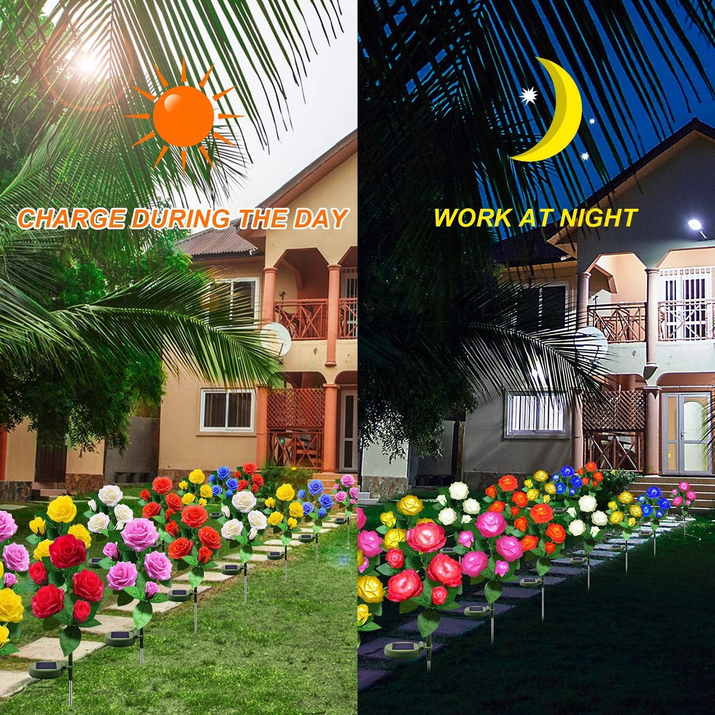 YWYWLED Solar Flower Lights Outdoor - Upgraded New Material Two Modes Realistic LED Solar Powered Waterproof Lights with 5 Roses, Solar Decorative