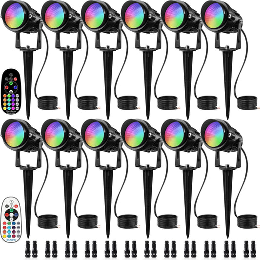 SUNVIE RGBW Low Voltage Landscape Lights Color Changing 12W LED Landscape Lighting Outdoor Waterproof Remote Control for Garden Yard Pathway Christmas