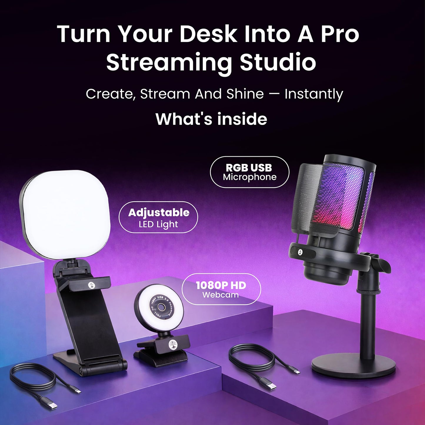 Webcam Streaming Kit with USB RGB Microphone & LED Light - 1080P 30FPS Streaming Camera Bundle for Twitch, YouTube, Podcasting, WFH - PC & Mac